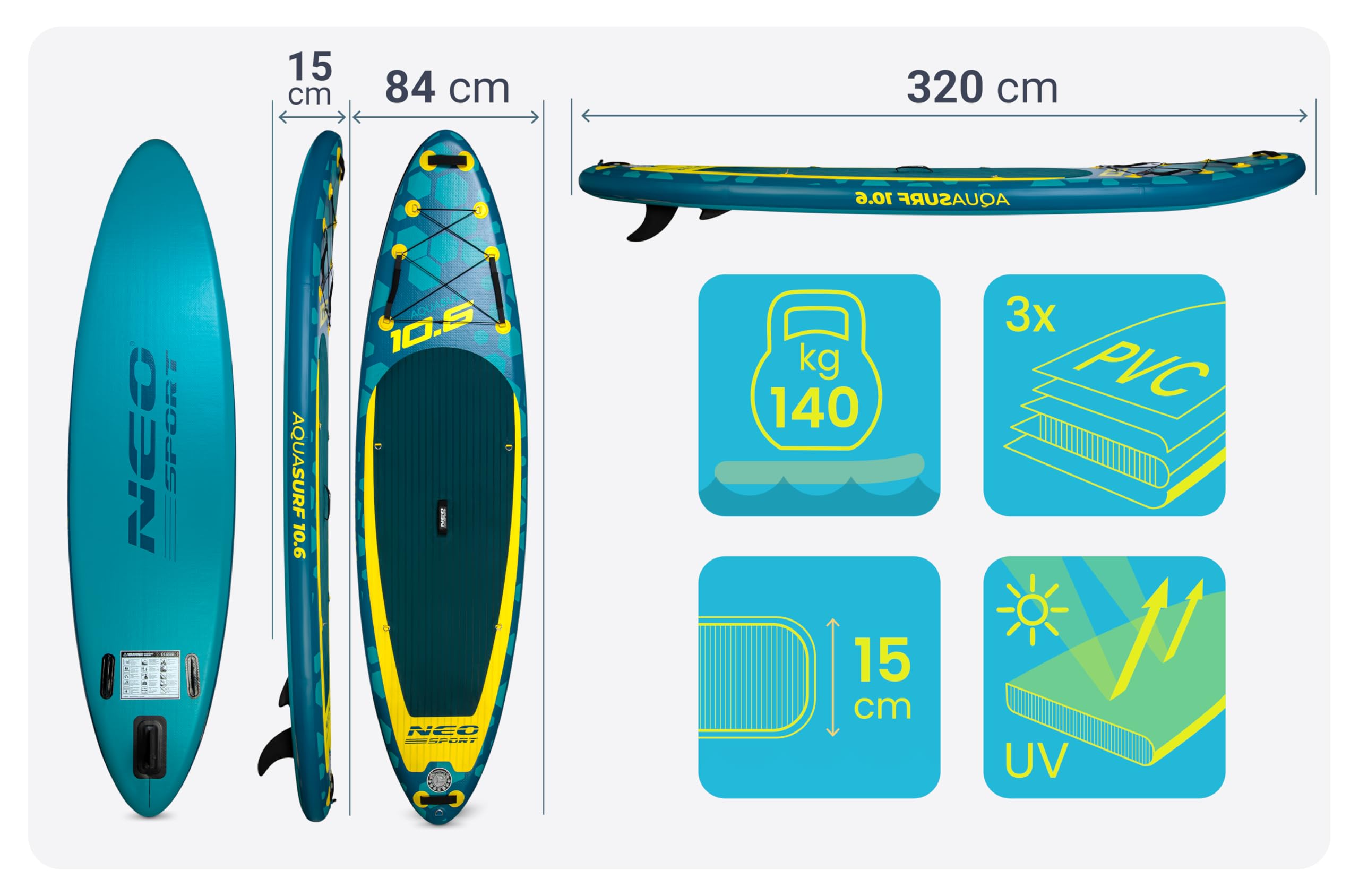 Neo-Sport Stand Up Paddle Board - SUP Aufblasbar Set - 320 cm - Mit Zubehör Handpumpe Paddel Leash Rucksack - Aquasurf 10.6 - Braun