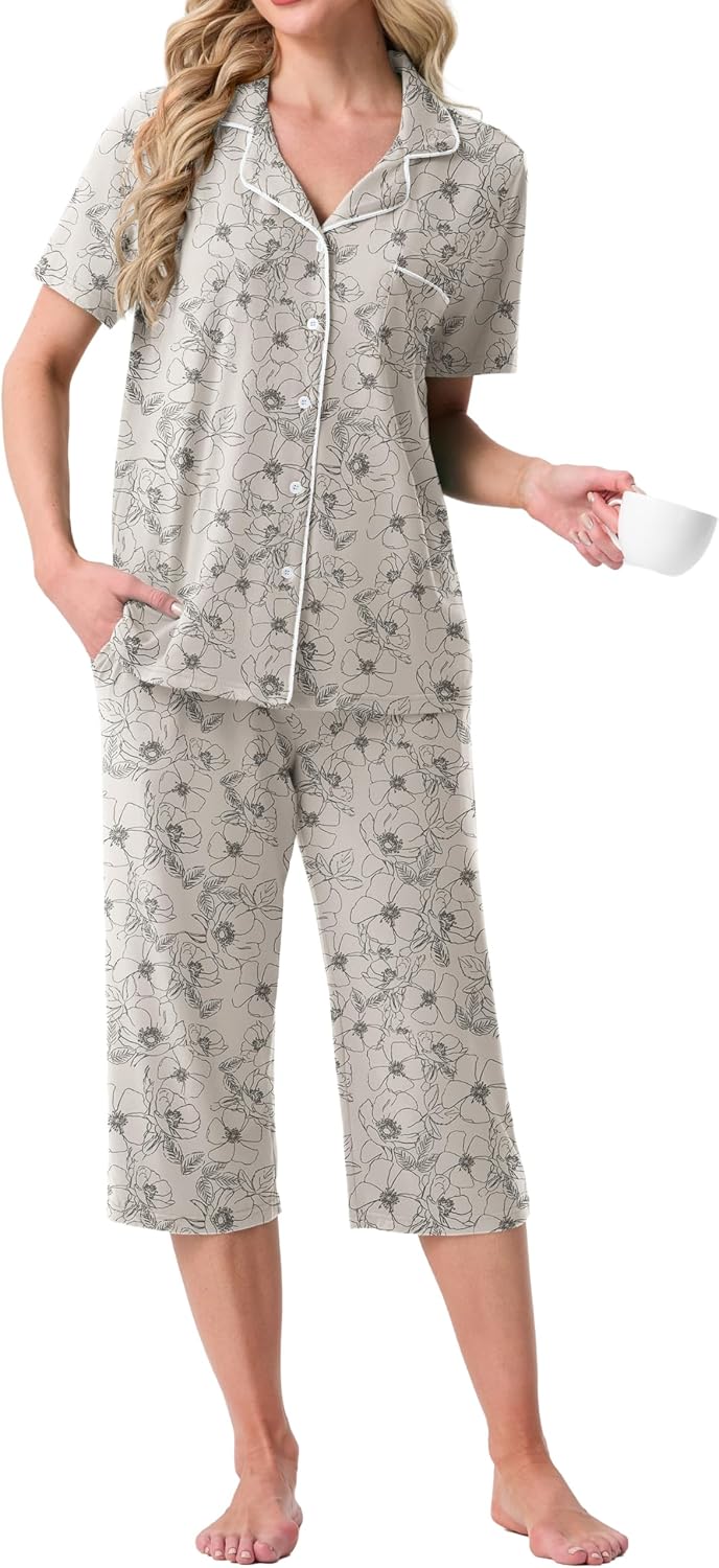 PrinStory Capri Pajamas for Womens Button Down Pjs image 3
