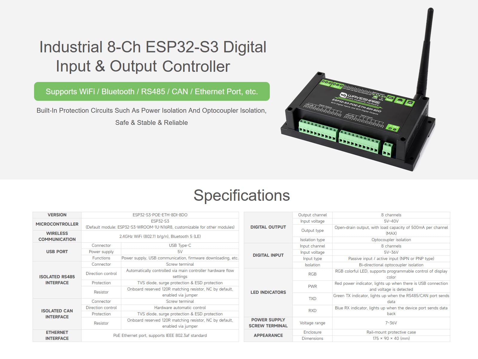 ESP32-S3 8-Ch cyfrowy kontroler wejścia i wyjścia, dwurdzeniowy procesor, wbudowany moduł PoE, obsługa portu WiFi/Bluetooth / RS485 / CAN/Eth itp. Wiele obwodów ochrony izolacji
