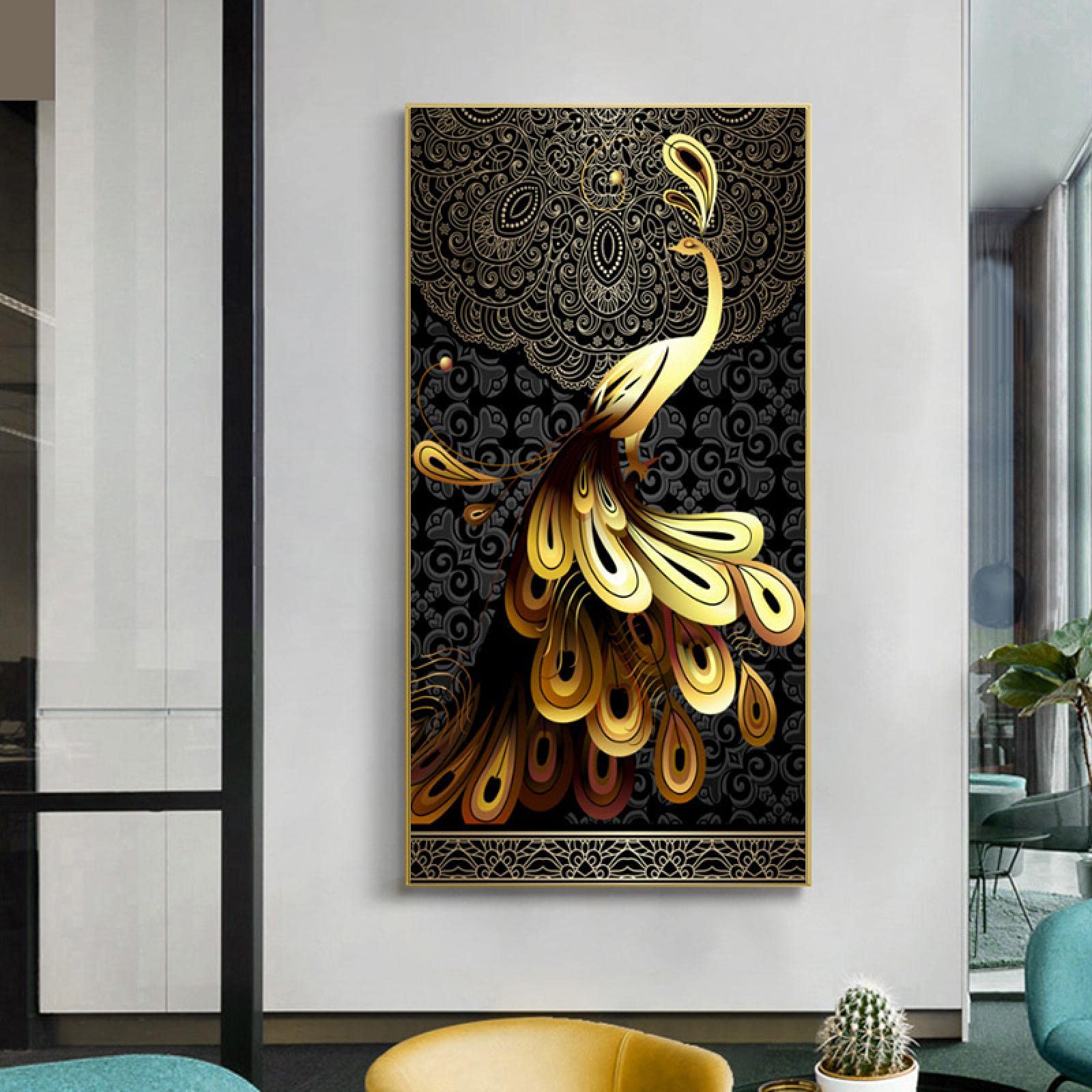 KEBIA Póster mural para la decoración de la habitación Póster sobre lienzo Pintura Oro negro Pavo real Imagen de arte de la pared Impresiones HD escandinavo 90x180cm Sin marco