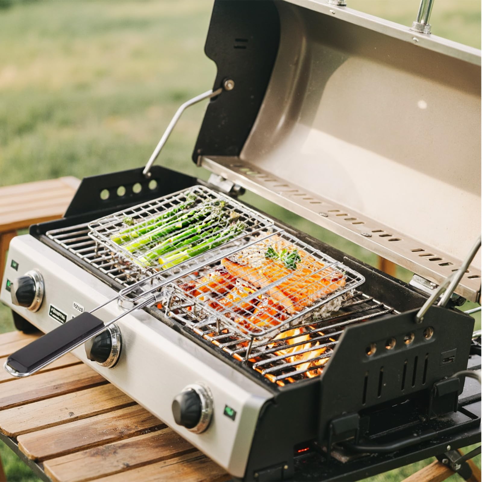 Cestino per grill, barbecue e barbecue, in acciaio inox, grande, pieghevole, con manico, portatile, da campeggio, per pesce, gamberetti, verdure, accessori da cucina