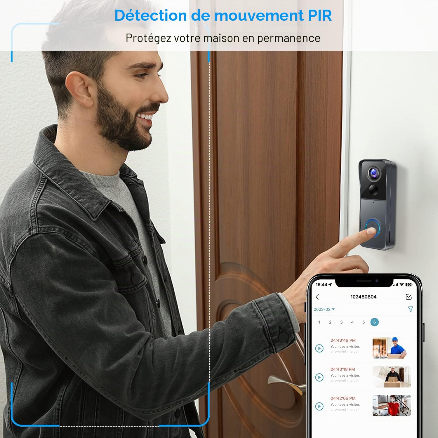 KAMEP Sonnette vidéo WiFi avec carillon, sonnette vidéo intelligente sans fil avec caméra alimentée par batterie, détection de mouvement PIR, HD 1080p, vision nocturne, support carte SD