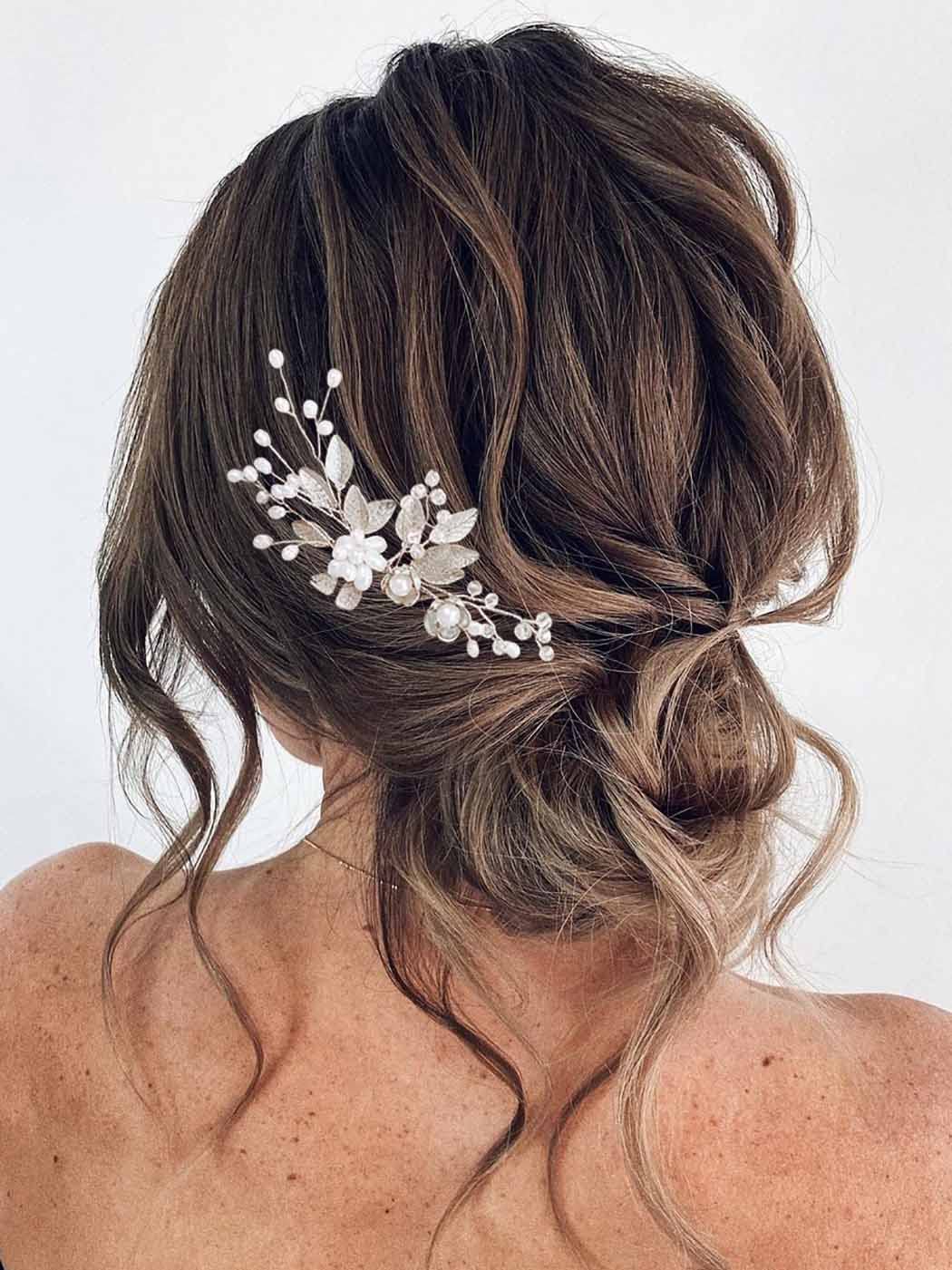 Vakkery Flower Wedding Hair Pins Silver Pearl Hair Clips Headpiece Leaf Bridal Hair Accessories for Women and Girls