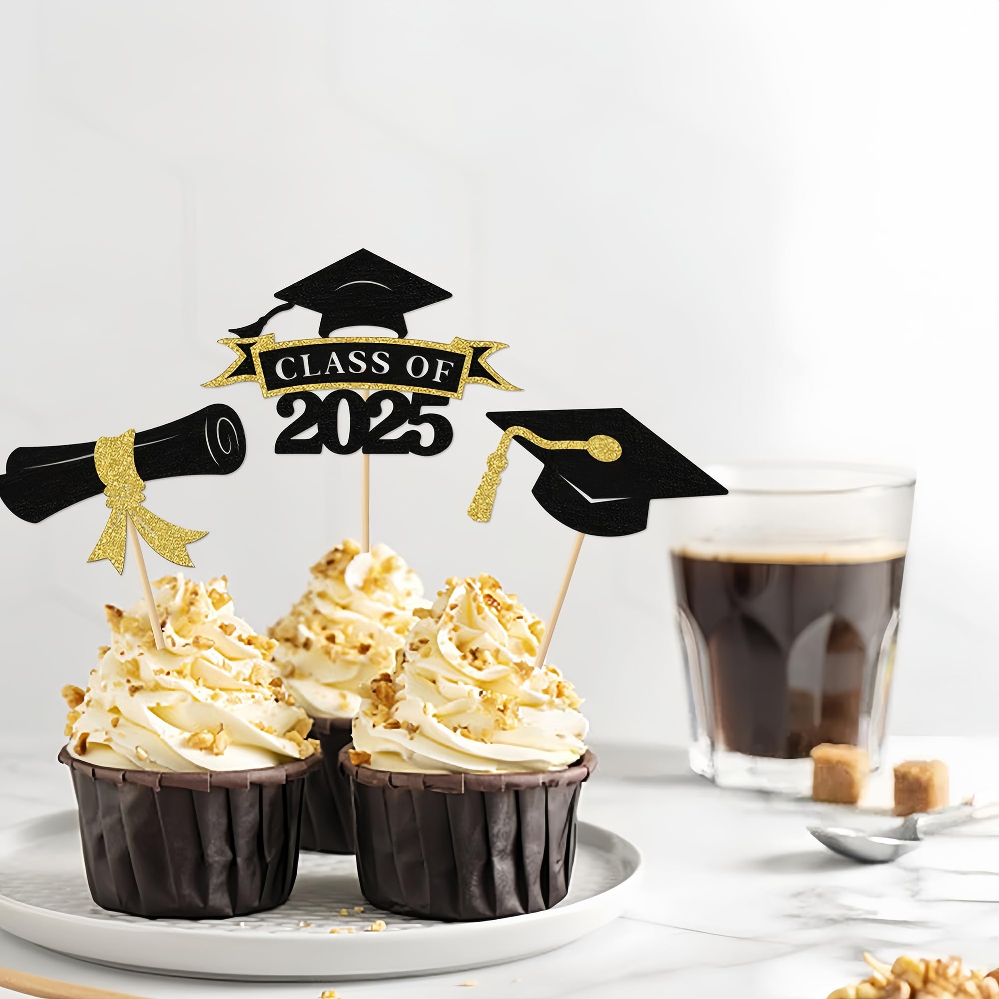 2025 Graduation Cupcake Toppers, 36 pack Glitter Class of 2025 Congrats Grad Cap Diploma Cupcake Picks for Graduation Party Decorating Supplies (Gold)