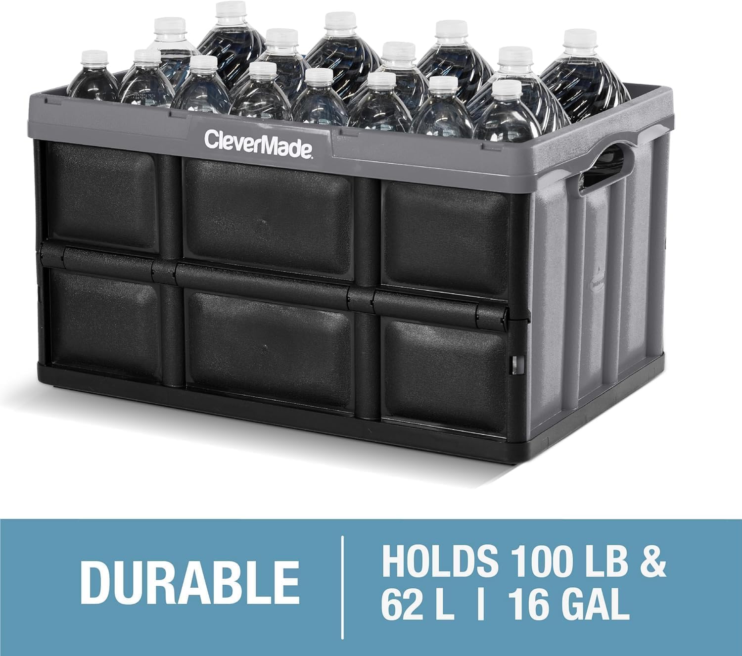 CleverMade Contenedores plegables de almacenamiento, paquete de 3 unidades de 62 litros/16 galones con capacidad para 100 libras, contenedores apilables de gran capacidad, ahorro de espacio