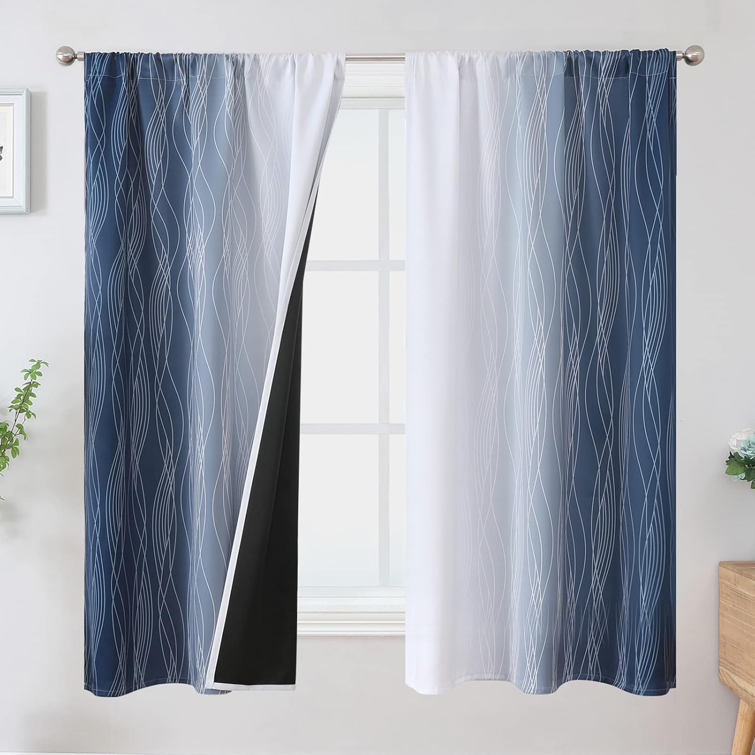 Estelar Textiler Rod Pocket Navy Blue and Greyish White Blackout Curtains for Living Room, Light Blocking Window Curtains, Thermal Insulated Room Darkening Drapes for Bedroom, 42x63 Inch, 2 Panels