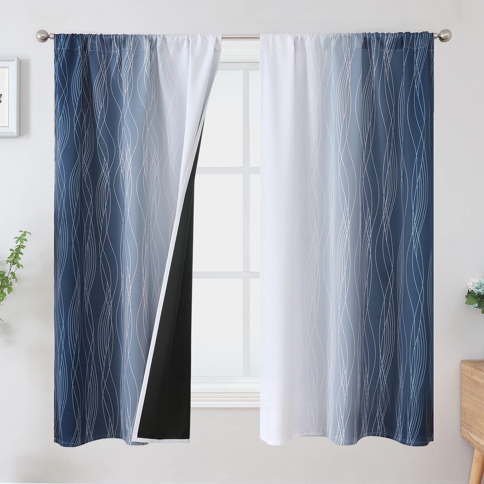 Estelar Textiler Navy Blue and Greyish White Ombre Blackout Curtains