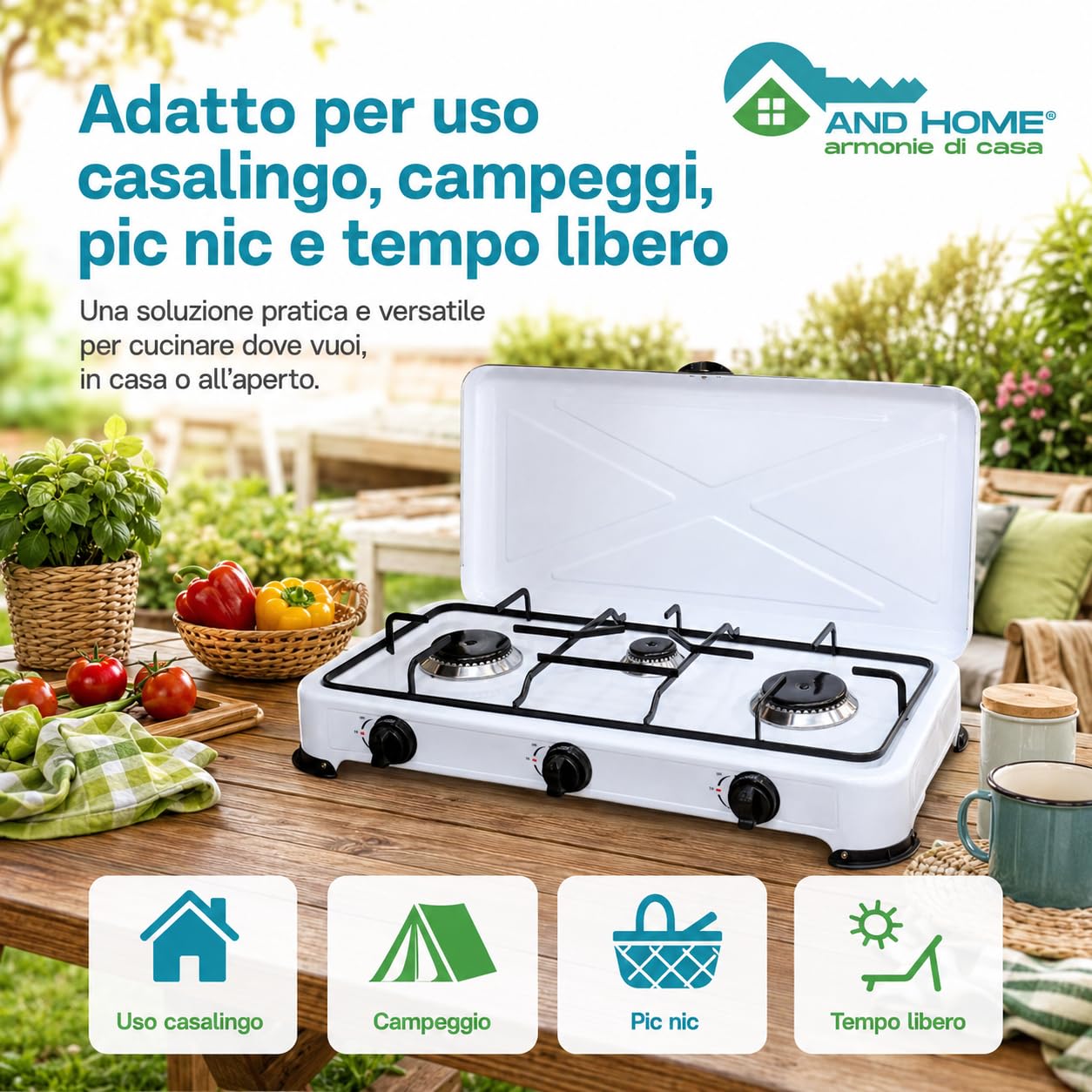 Fornello a Gas GPL 3 Fuochi - 2,9 kW - Portatile in Acciaio Inox