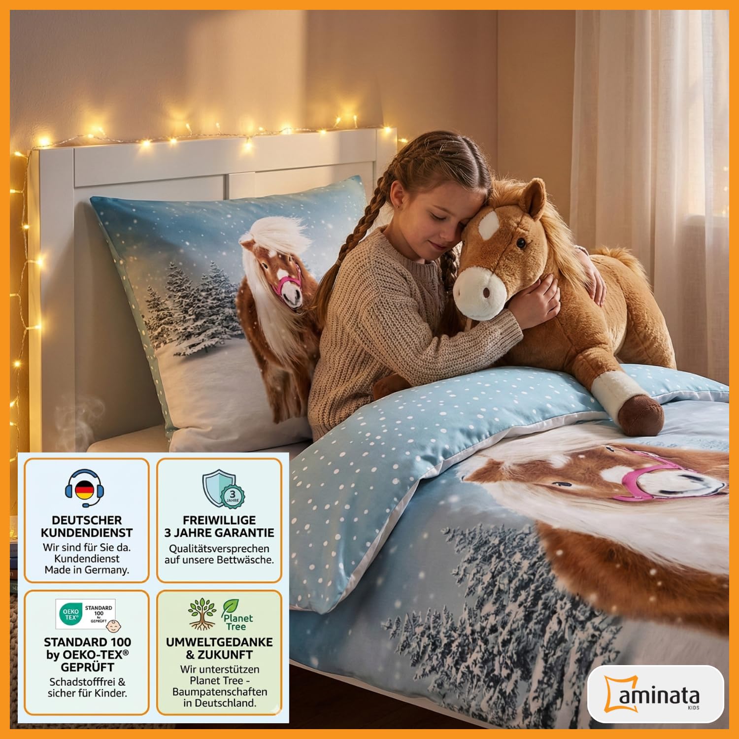 Aminata kids Biber Bettwäsche 135x200 Kinder Pferde-Motiv Mädchen 100% Baumwolle, Marken-Reißverschluss, Kinder-Wende-Bettwäsche-Set Pony im Schnee