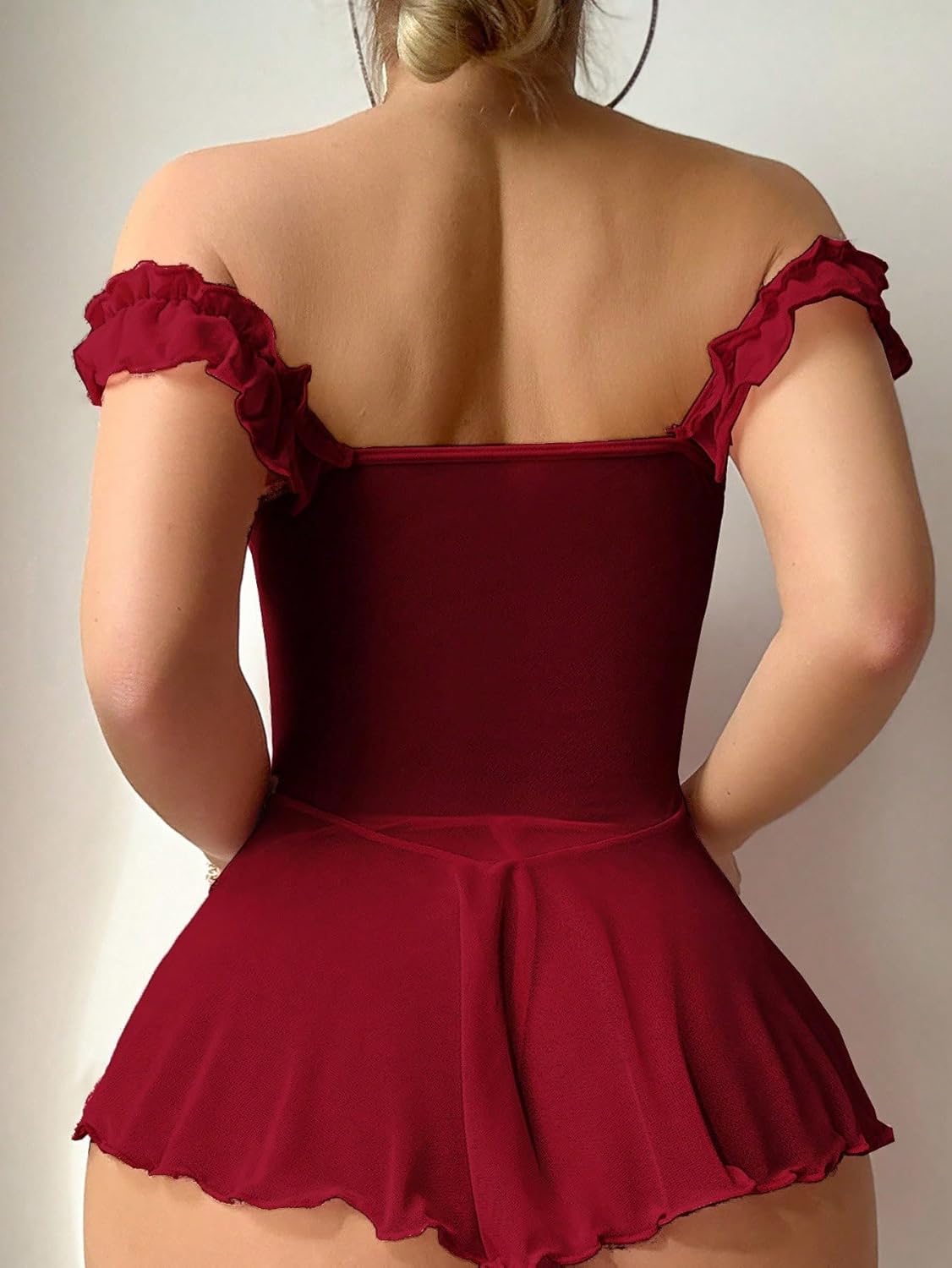 Sexy Ruffle Off Shoulder Tie Front Mesh Sheer Babydoll Lingerie Dress Set with Thong 2 Piece - Image 2