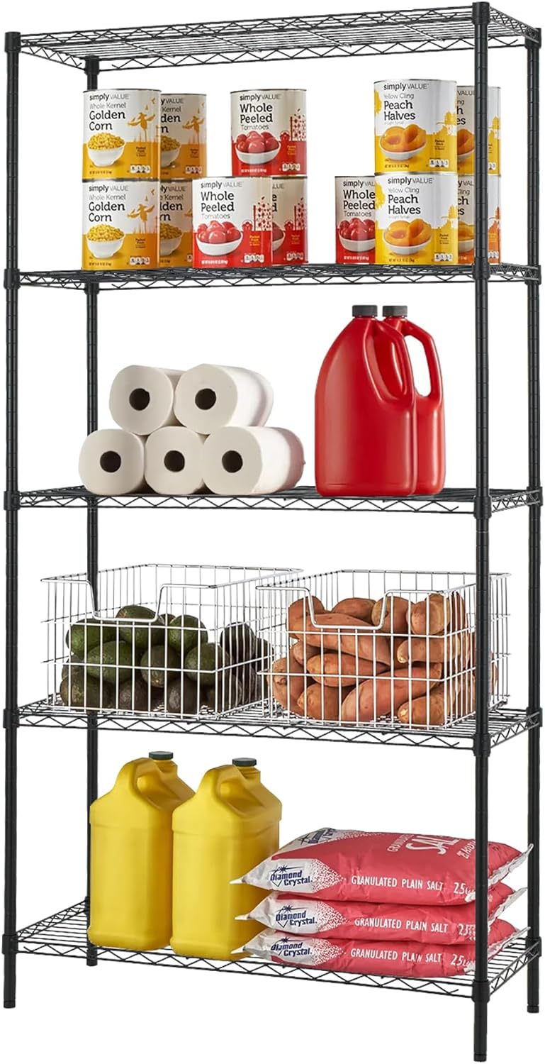 24/7 Shop at Home Iridium 5 Tier Shelf Wire Shelving Unit NSF Wire Shelf Metal Large Storage Shelves Heavy Duty Height Adjustable Utility for Garage, Kitchen, Office, Black