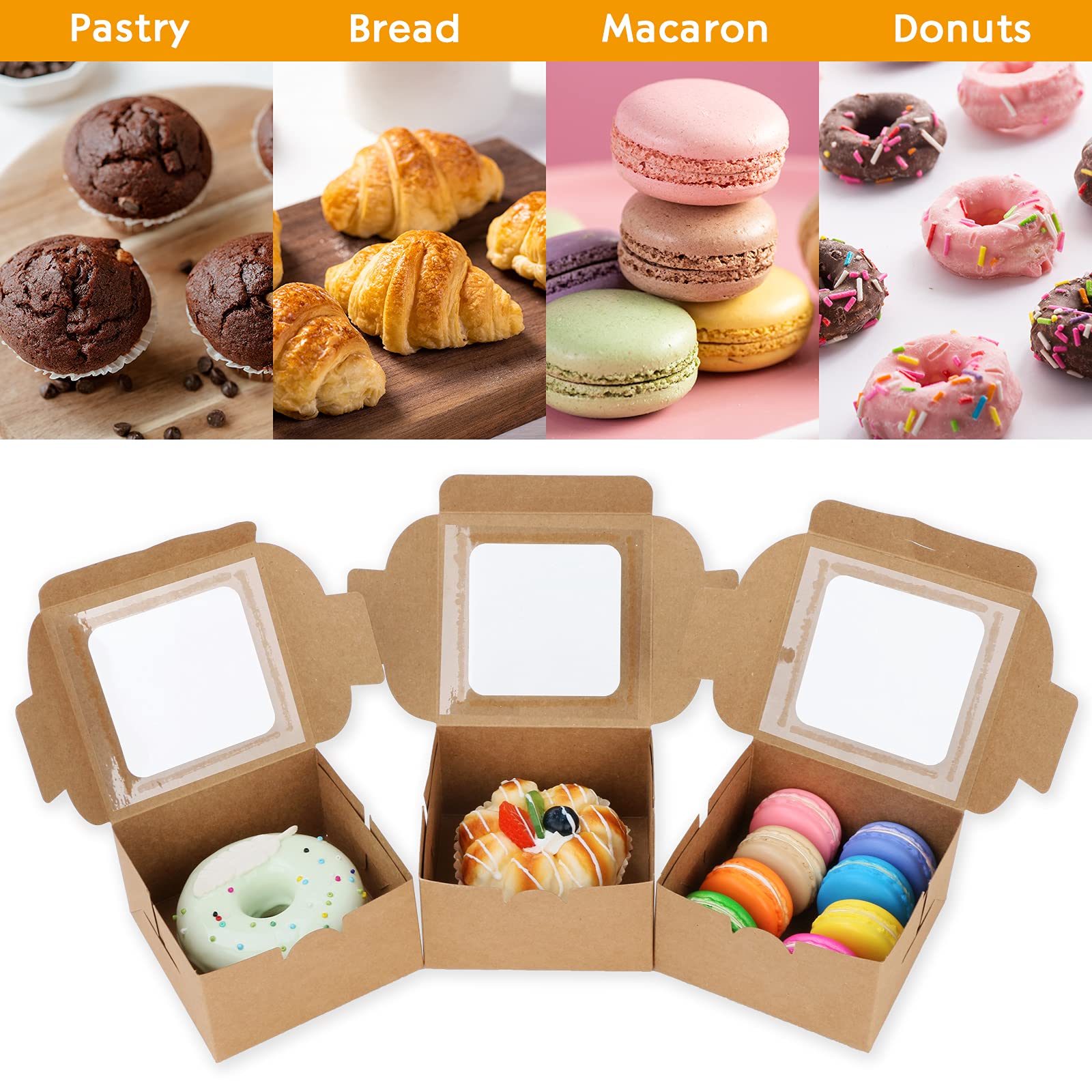 50 Scatole Per Sandwich E Tortine Con Coperchio Trasparente – Carta Kraft + PET, 14.5x13x6.5 Cm, Impermeabili