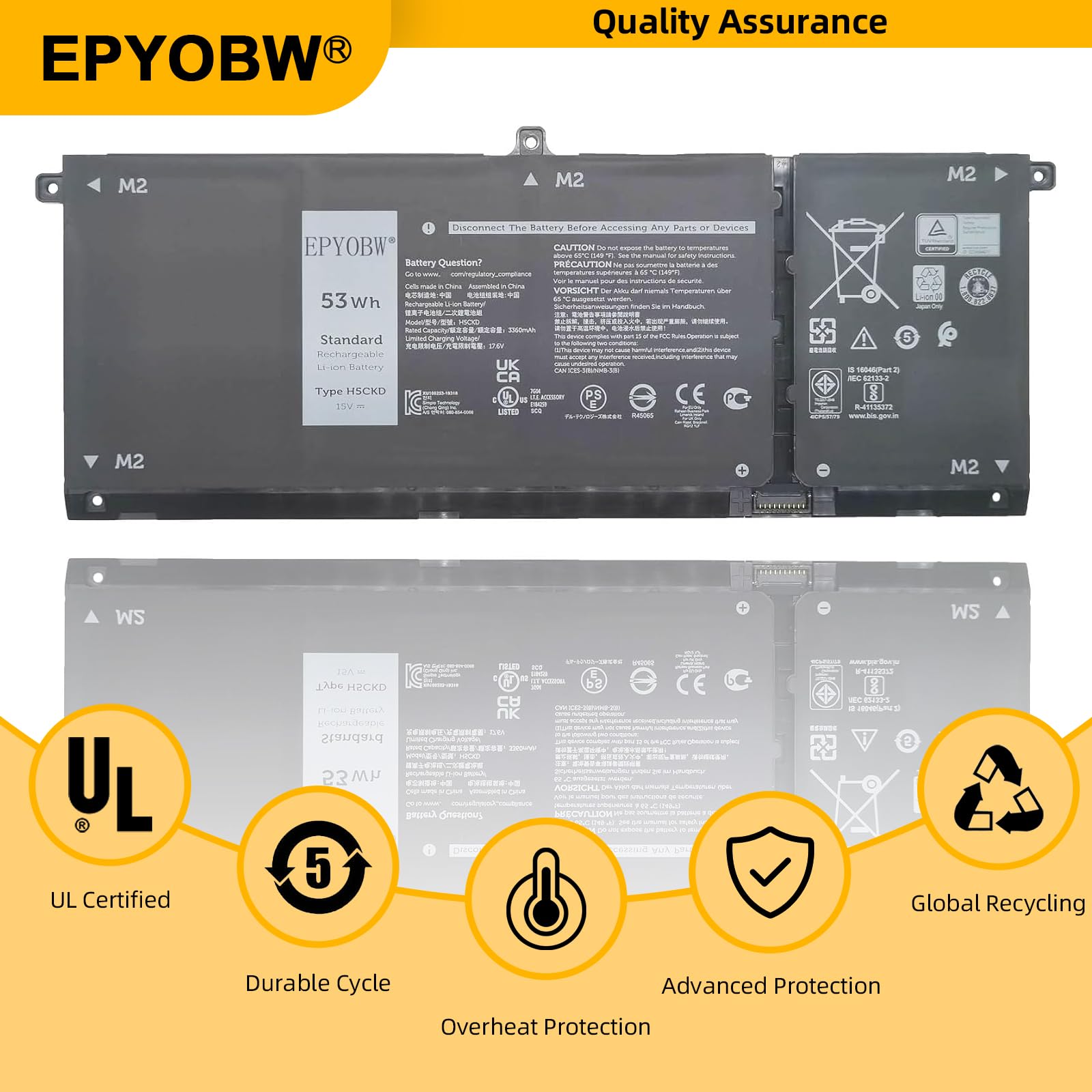 Amazon.com: EPYOBW H5CKD Laptop Battery 53Wh 3360mAh 15V 0H5CKD