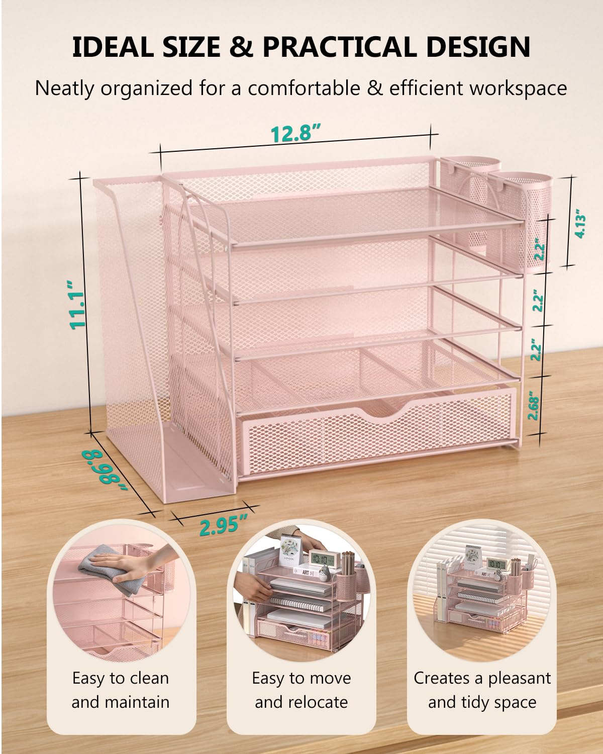 WALI Desk File Organizer, 5 Tier Desktop Paper Letter Tray Organizer with Drawer and 2 Pen Holders, Office Desk Accessories & Workspace Organizers for Office, Home Supplies(DO006DH-P), 1 Pack, Pink view 8