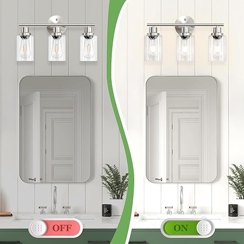 Miniatura 5 de Luces de tocador de níquel cepillado de 3 luces, lámparas de baño modernas E26 con pantalla de vidrio transparente, lámparas de pared para espejo,