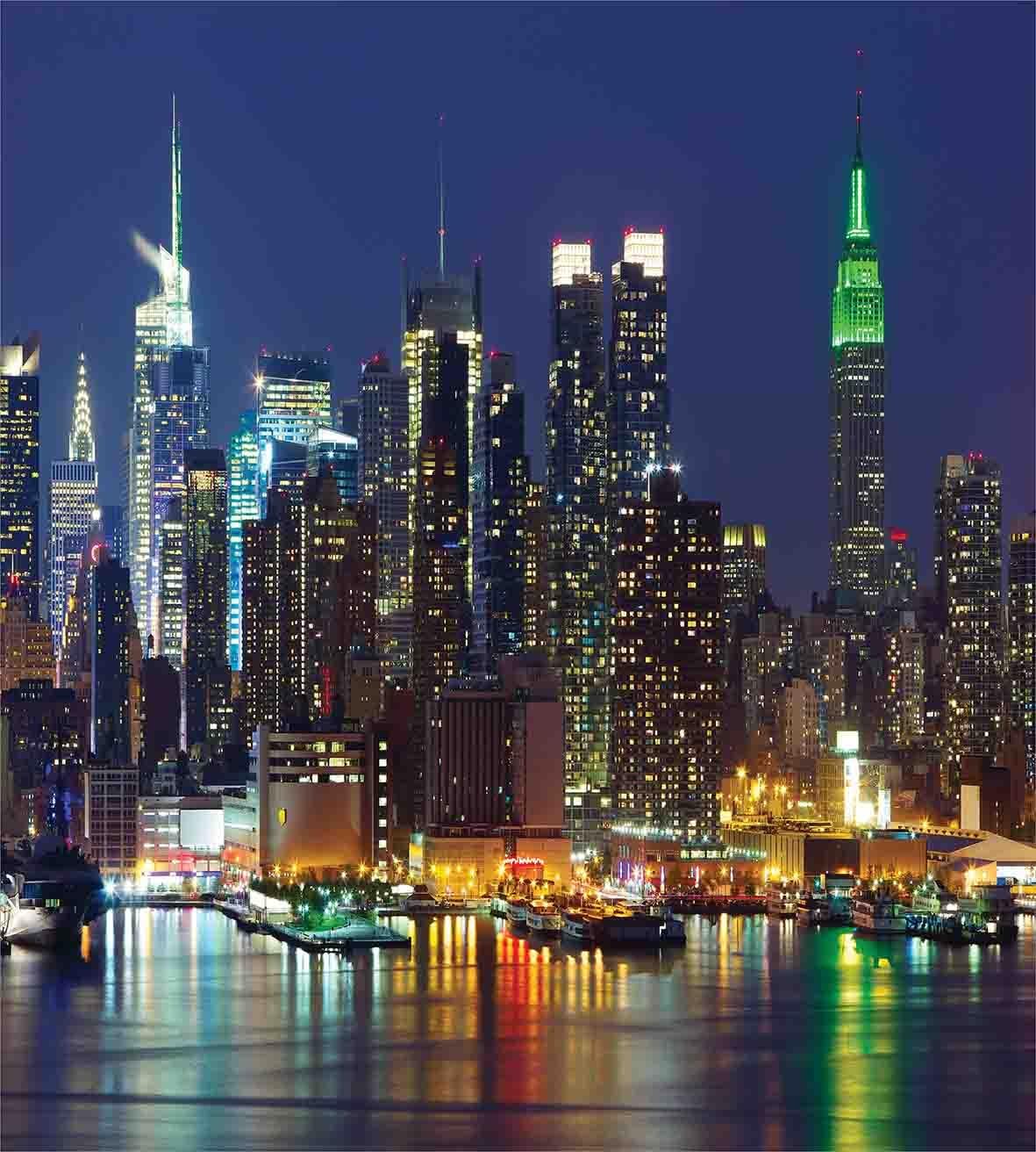 Ambesonne New York Duvet Cover Set, NYC Midtown Skyline in Evening Skyscrapers Metropolis City States Photo, Decorative 3 Piece Bedding Set with 2 Pillow Shams, Queen Size, Royal Blue
