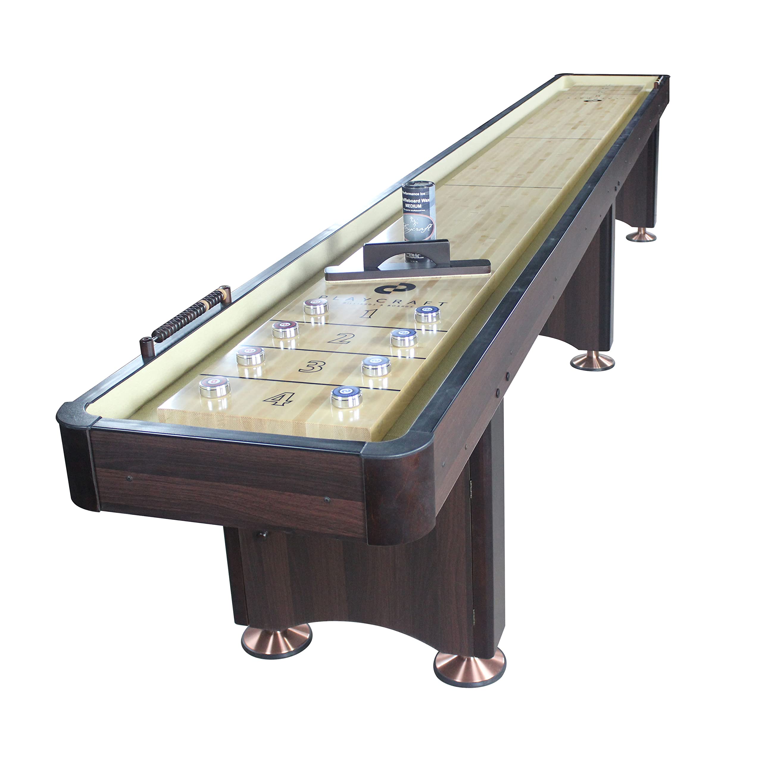 Playcraft Woodbridge Shuffleboard Table with Storage Cabinet - Shuffle Board Game Table Set with Matching Abacus, 8 Pucks, Brush & Wax (Made in USA) - Pro Style Climate Adjusters - Espresso - 16ft