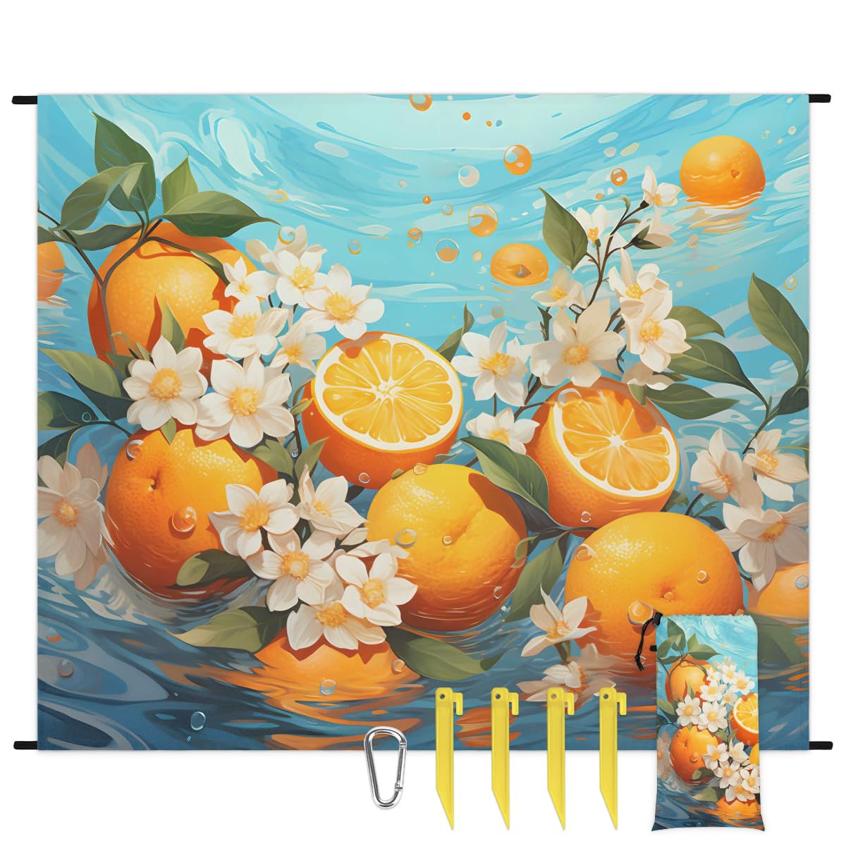 Eabrults Waterproof Sandproof Beach Blanket, 59''×68'' Fruit Orange Polyester Outdoor Picnic Blanket with 4 Stakes & Storage Bag for Beach,Camping,Vacation Golden Yellow