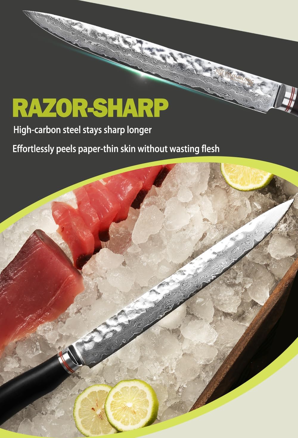 YOUSUNLONG Fillet Knives 10 inch Sashimi Knife Pro Yanagi Knife Japanese Hammered Damascus Natural Ebony Wood Handle with Leather Sheath - Image 6