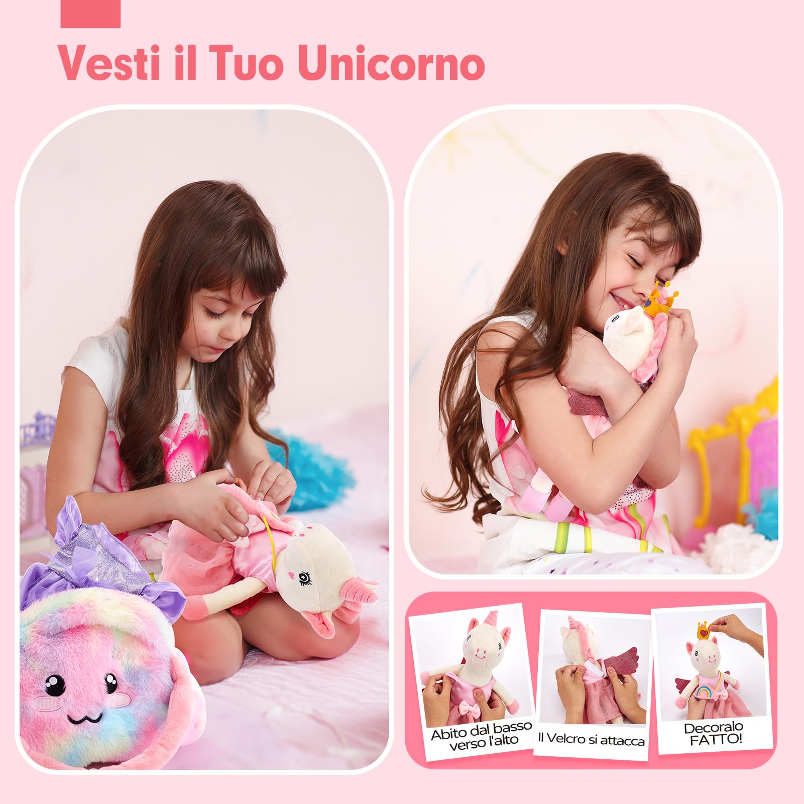 hahaland Regalo Bambina 3-6 Anni, 10 PCS Set di Unicorno Bambina Regalo con Unicorno Peluche, Borsa e 3 Abiti, Vestire la Bambola Giochi Bimba 3 4 5 6 Anni Femmina