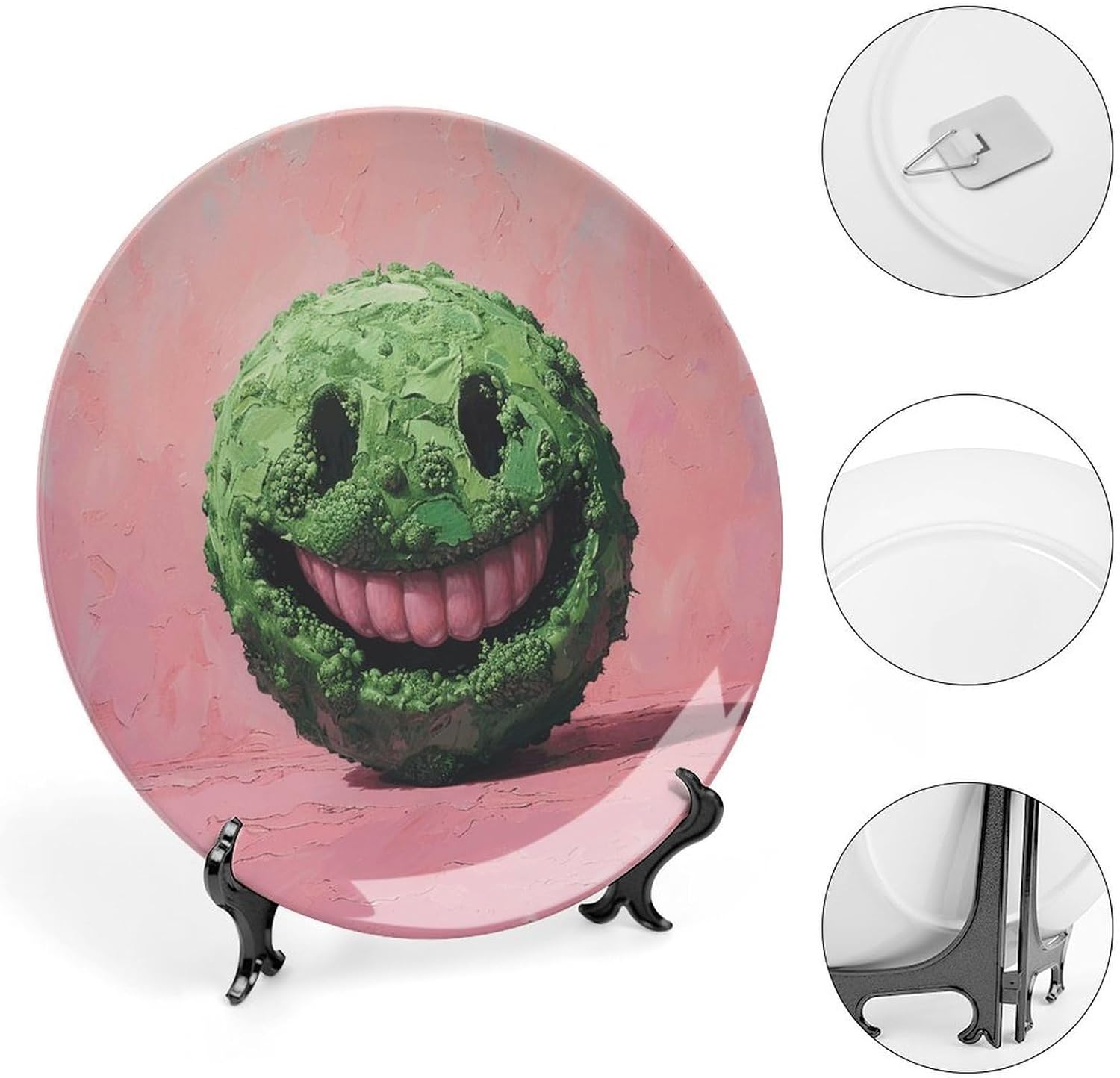 Green Smiley Face Ceramic Plate 10inch Decorative Bone China Wall Hanging Ornament Plates Bohemian Style Dinner Plate with Display Stand Cabinet Display Plates for Home Art Decor