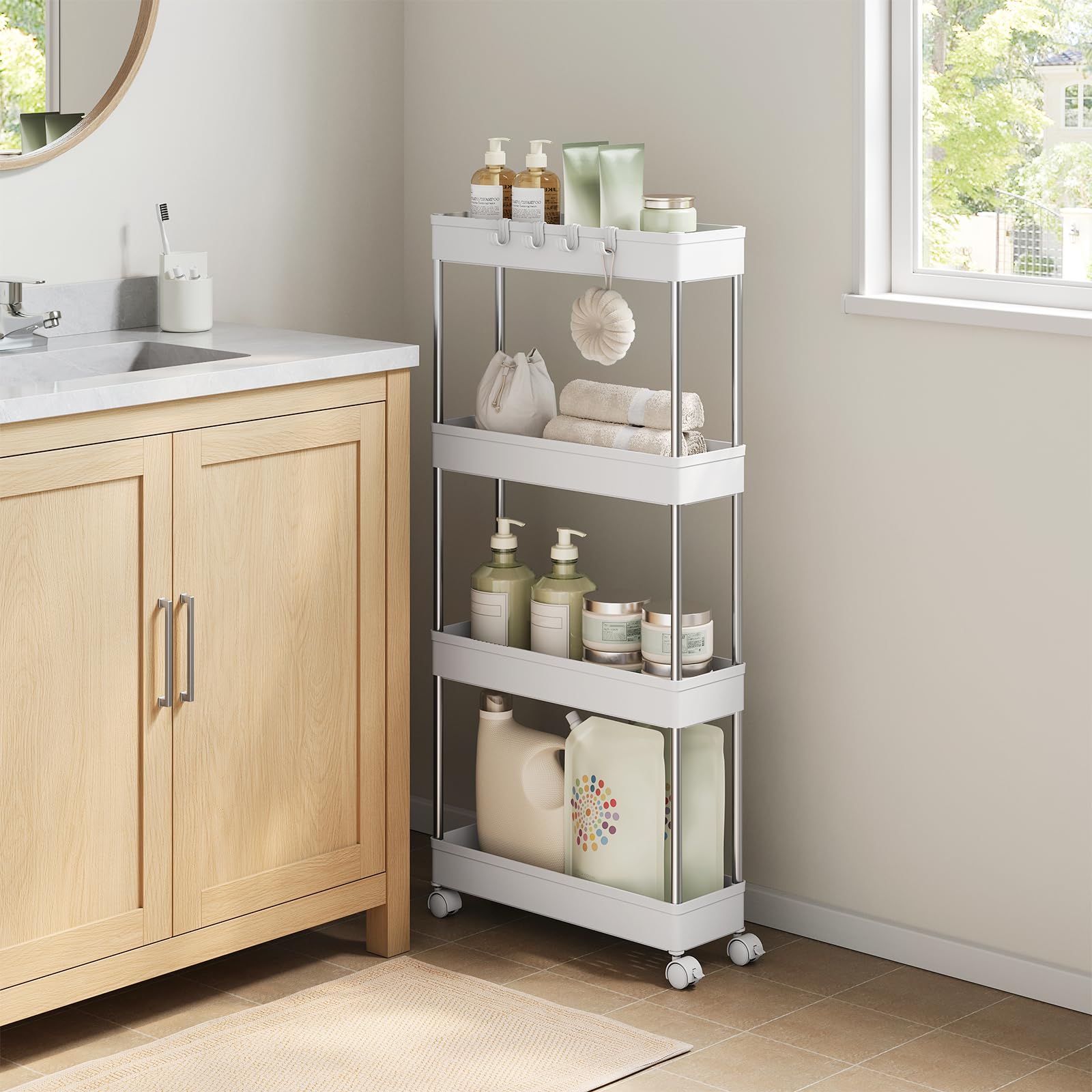 WOLTU Carrello da Cucina a 4 Ripiani, Carrello Portaoggetti con Ruote e 4 Ganci, Carrellino Salvaspazio per Cucina, Bagno e Lavanderia, in Plastica e Metallo, 41,5 x 86 x 13,5 cm, Bianco
