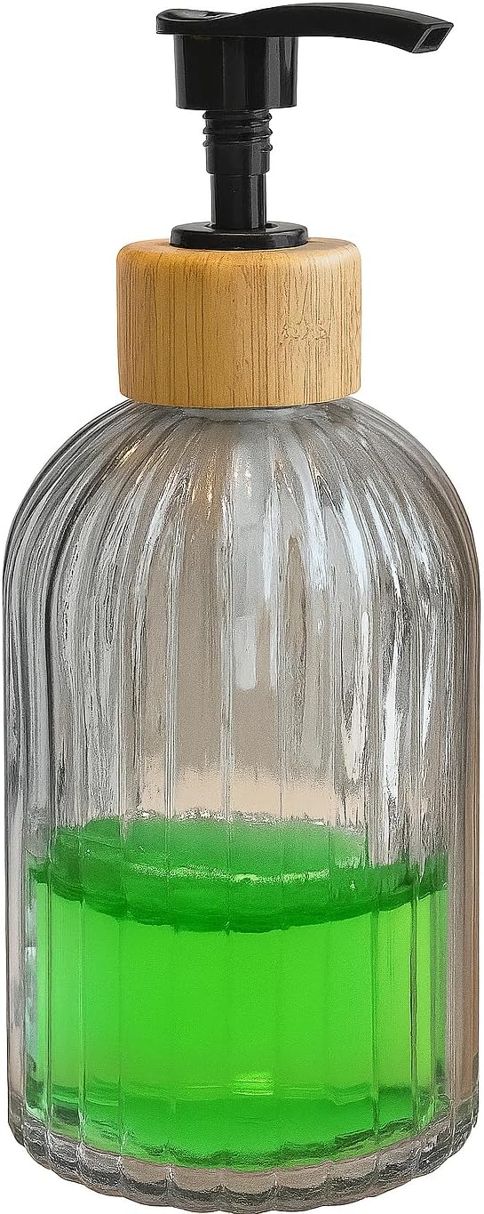 Zbern Cam Sıvı Sabunluk – Doğal Bambu Başlıklı | Şeffaf Cam Gövde | Banyo, Mutfak ve Lavabo Üstü Kullanım için Modern Pompalı Sabun Dispenseri 300 ML