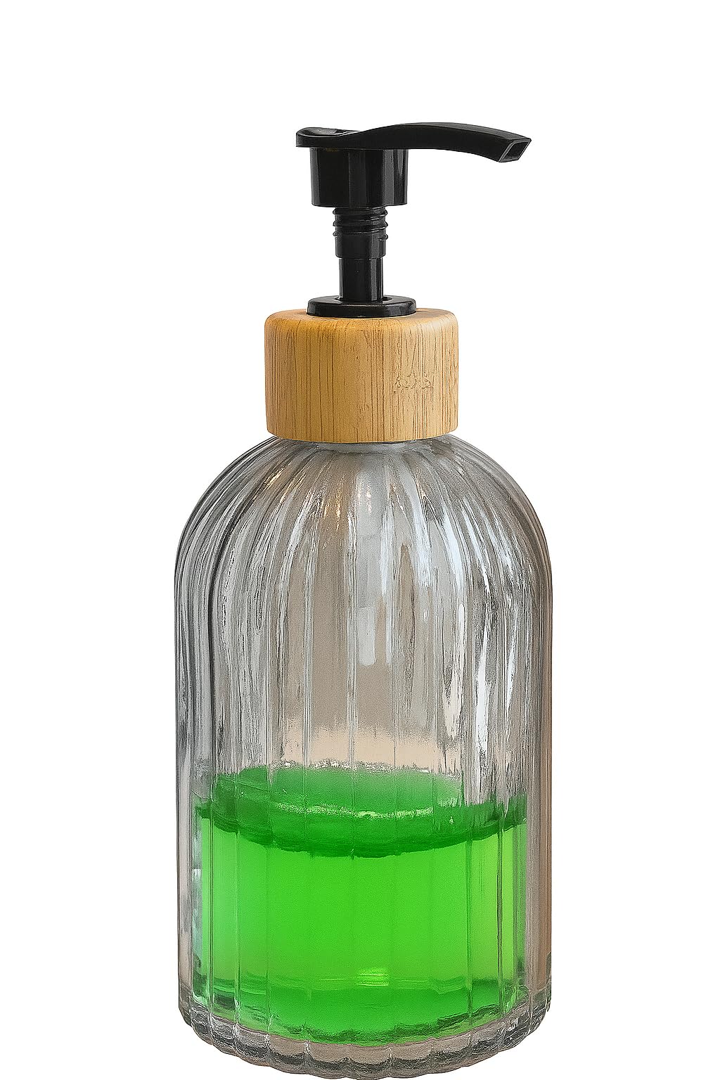 Zbern Cam Sıvı Sabunluk – Doğal Bambu Başlıklı | Şeffaf Cam Gövde | Banyo, Mutfak ve Lavabo Üstü Kullanım için Modern Pompalı Sabun Dispenseri 300 ML