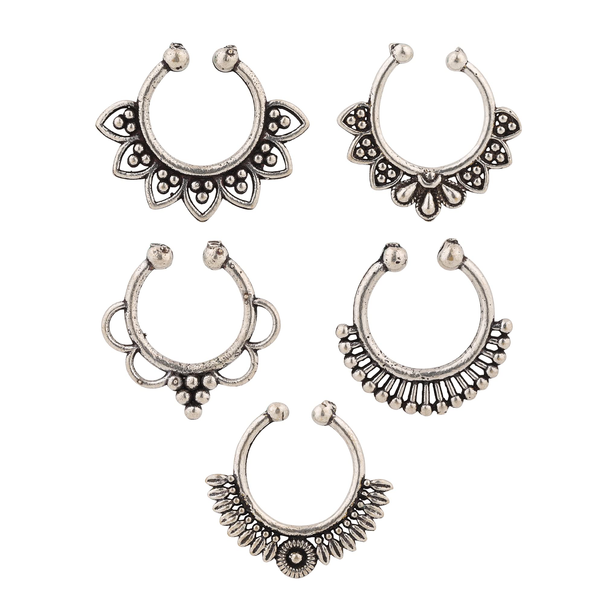 sanjog Silver Press On Oxidized Nath Nose Ring Pin For Women/Bridal For Traditional Wedding Party - Pack Of 5 (Style 1) (B09M9SFZPX) Amazon Price History, Amazon Price Tracker