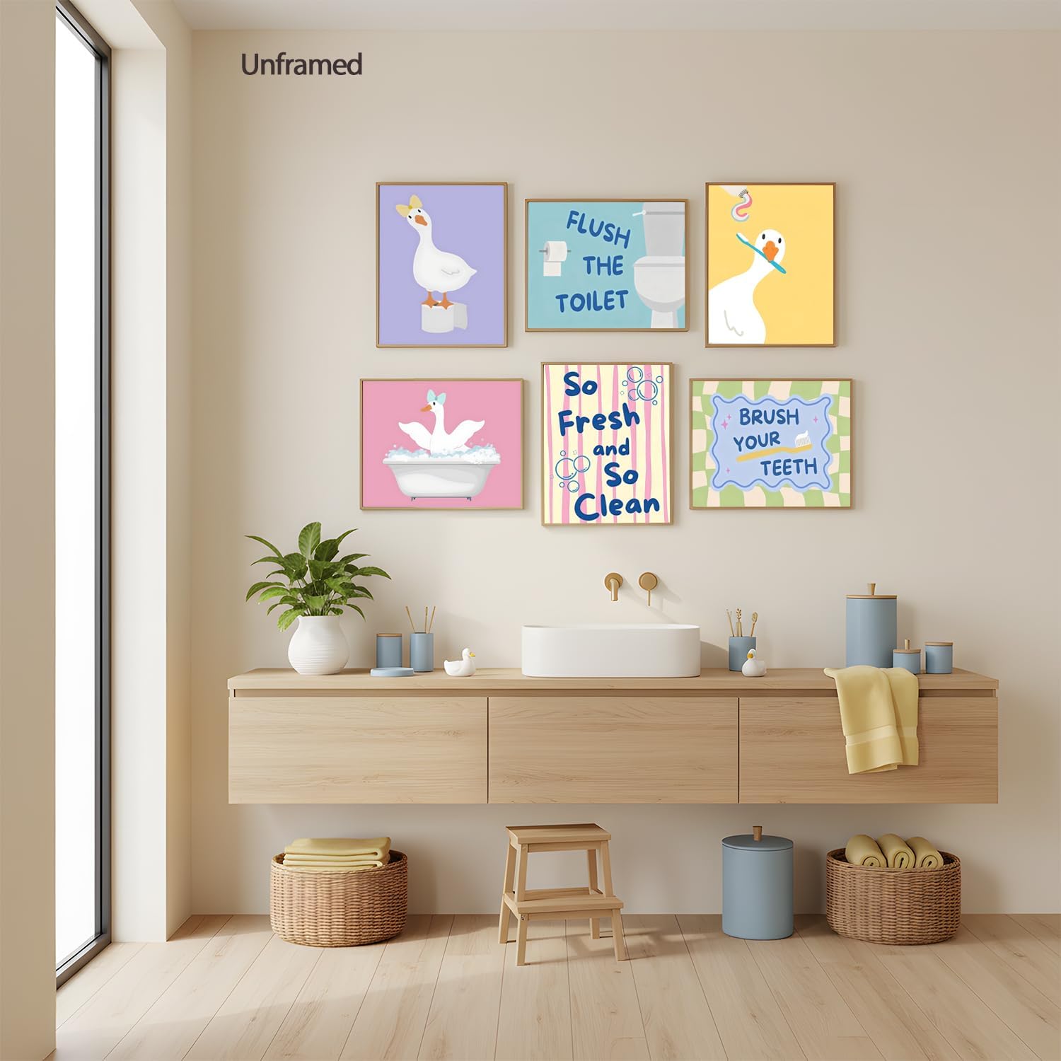 ZYANGZY Cute Kids Bathroom Poster Set of 6, Funny Duck Toilet Wall Art Painting Children's Quotes Bathroom Wall Decor Quirky Silly Goose Nursery Canvas Picture Prints for 8x10 inch Unframed image 2