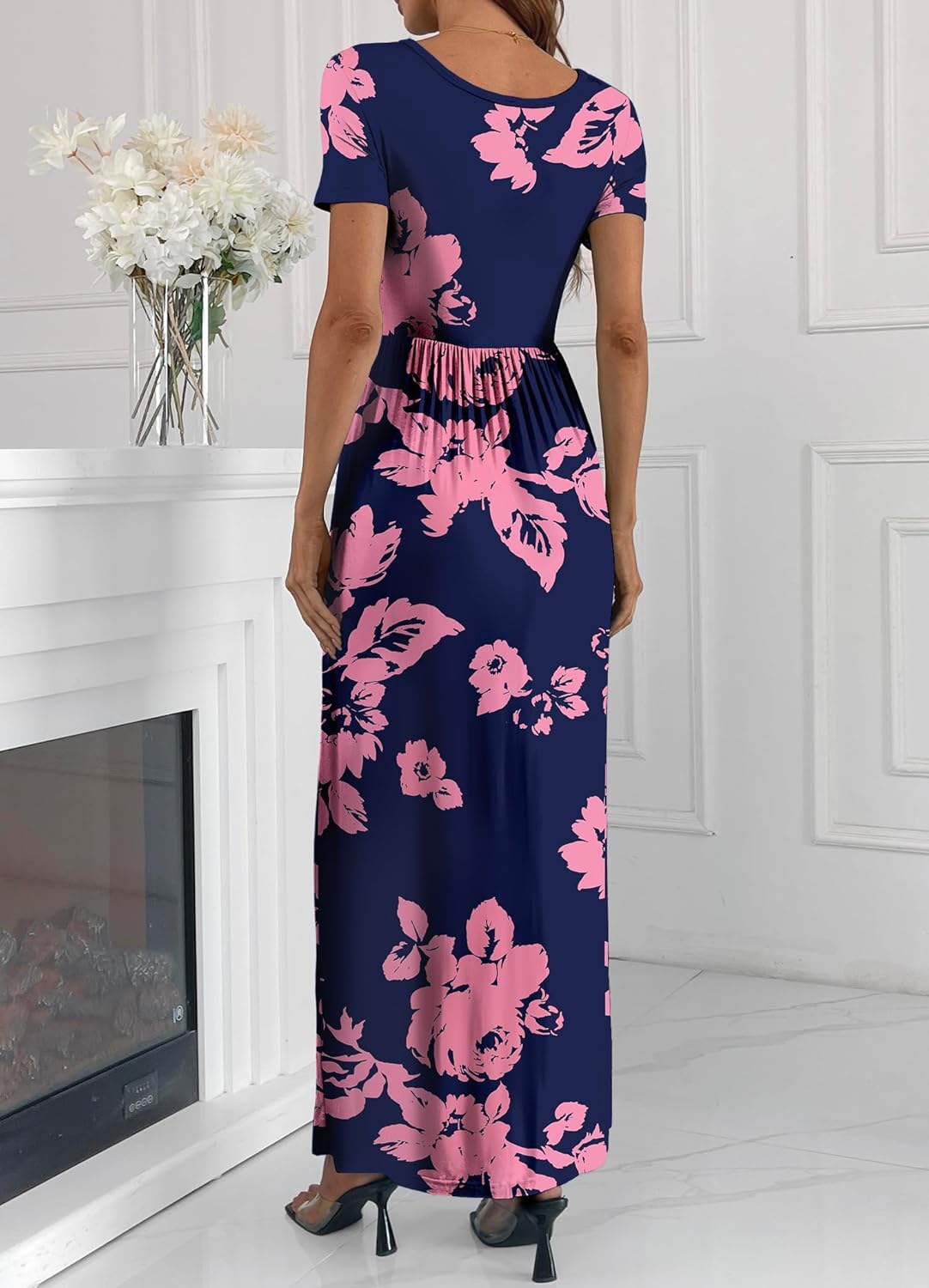 HAOMEILI Women's Short Sleeve Loose Empire Waist Maxi Dresses Casual Long Dresses with Pockets L-Pink FL Navy - Image 3