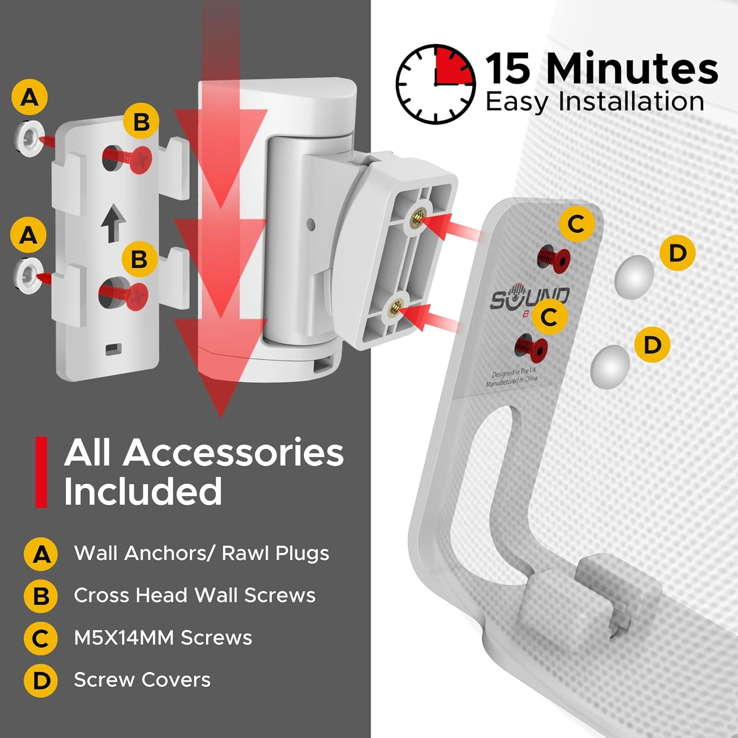 Sound Bass ONE Wall Mount Bracket, Tilt and Swivel, White, Twin (2pcs), Compatible with Sonos ONE, ONE Gen 2, ONE SL & Play:1, Effortless Installation, Includes Mounting Kit, Double, Pair