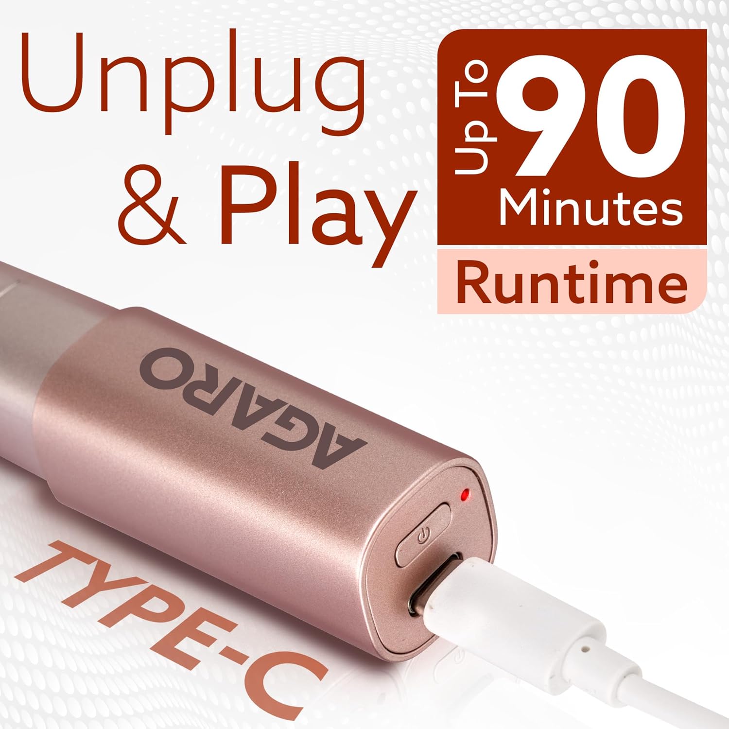 AGARO Facial Hair Remover FHR170 connected to a Type-C charging cable, showing the charging indicator light. Text overlay: Unplug & Play Up to 90 Minutes Runtime, Type-C.