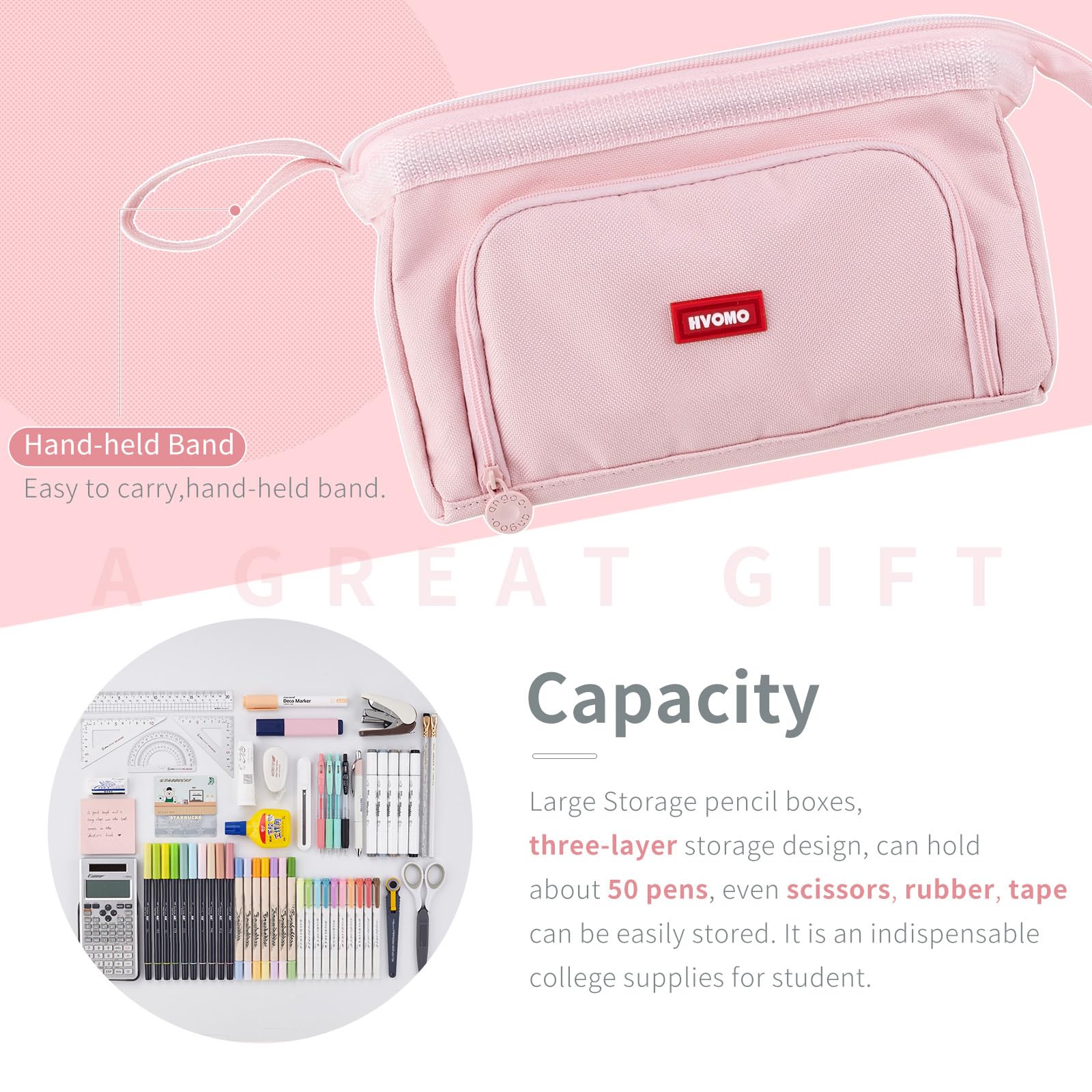 HVOMO Pencil Case Large Capacity Pencil Pouch Handheld Pen Bag Cosmetic Gift for Office School Teen Girl Boy Men Women Adult (Pink)