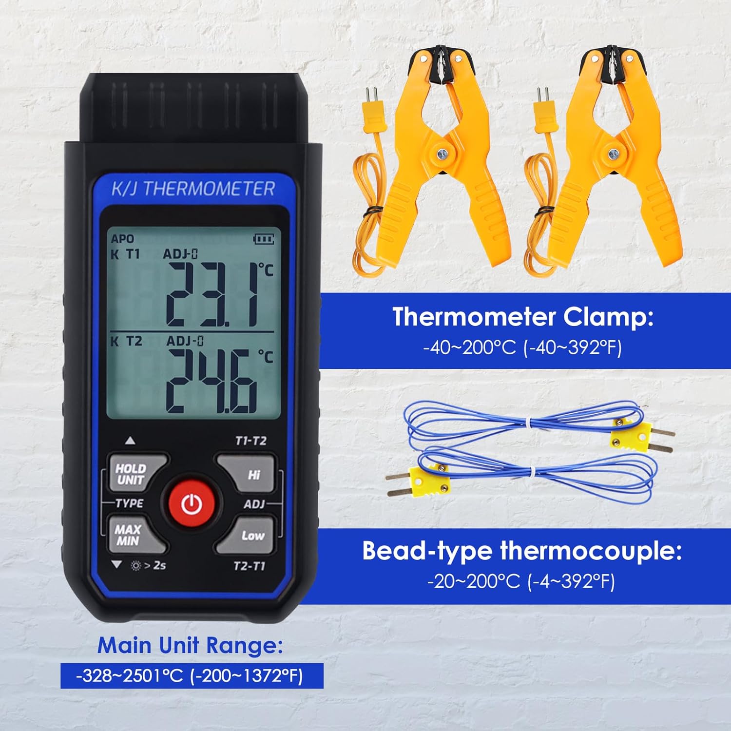 Dual-Channel Digital K J Type Thermocouple Thermometer Pipe Clamp Thermometer, -328°F~2501°F Measuring Range HVAC Temperature Meter with 2 Type K Pipe Clamps & 2 Thermocouples, Alarm, ADJ Compensation