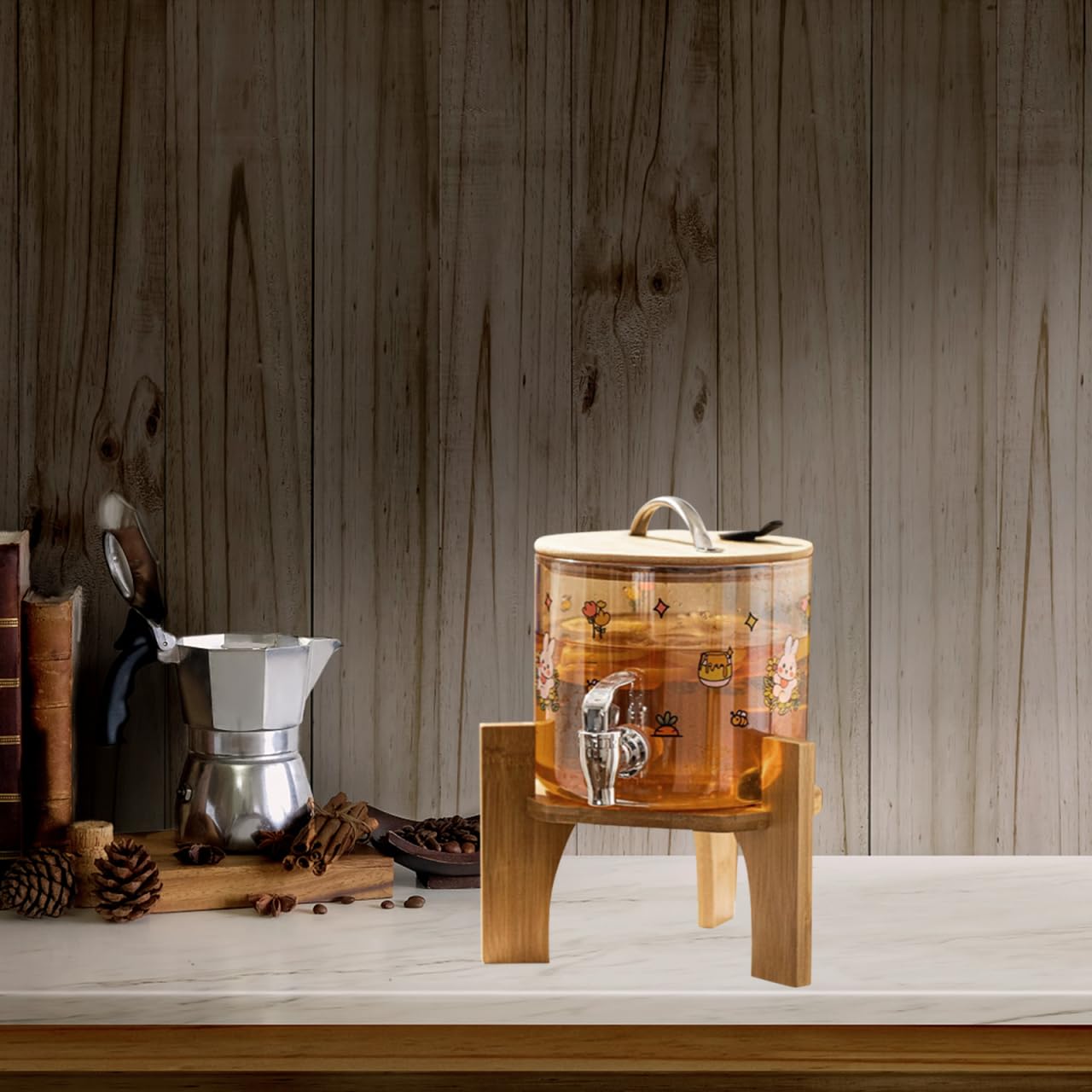 Veemoon Holz GeträNkespender StäNder Bambus Tisch Wasserkrughalter Trinkwasserflaschen GeträNkeautomat Plattform Halterung FüR Glas Wasserkrug Wasserkrug-BehäLter Zuhause Partys (5,5 Zoll)