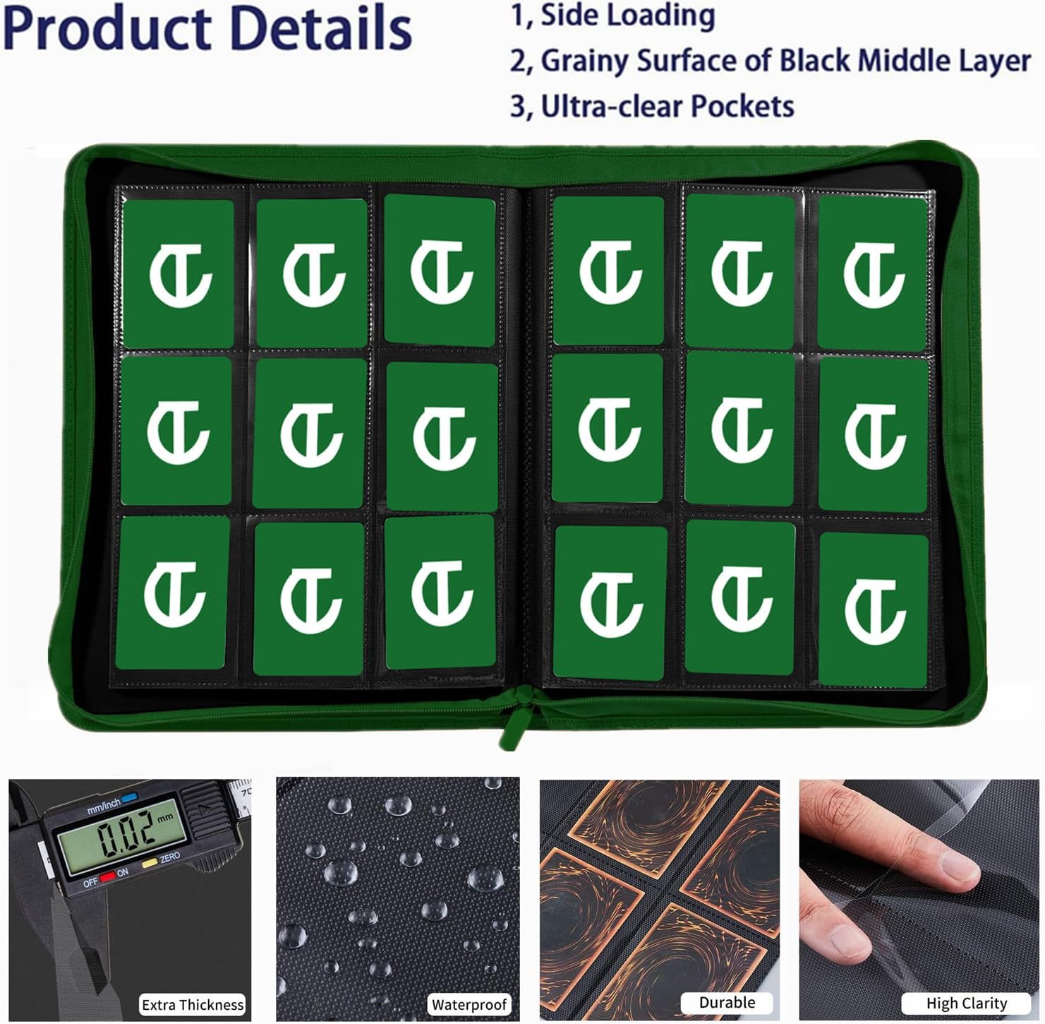 360 Card Binder - Premium Zippered 9-Pocket Trading Card Binder Side-Loading Pages for Ultimate Protection | Holds TCG, MTG, Sports Cards (Green)
