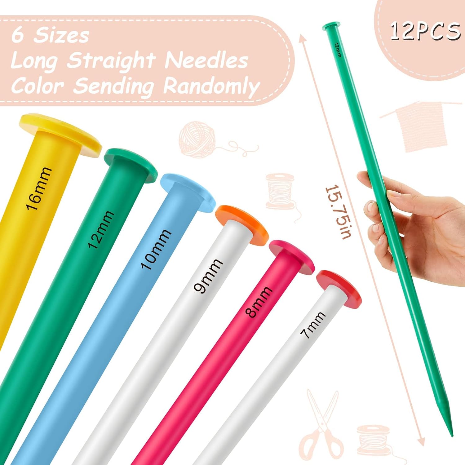 12 Pieces Long Straight Plastic Knitting Needles Set Long Straight Knitting Needles for Beginner Jumbo Yarn Large Project Kitting Embroidery Sewing DIY Craft