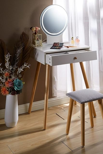 LUXFURNI Vanity Desk with Lighted Mirror, Makeup Vanity Table Set, Adjustable Brightness, Large Drawer Sturdy Wood, Soft Chair Dresser Desk for Bedroom (White, 24x16x29H)