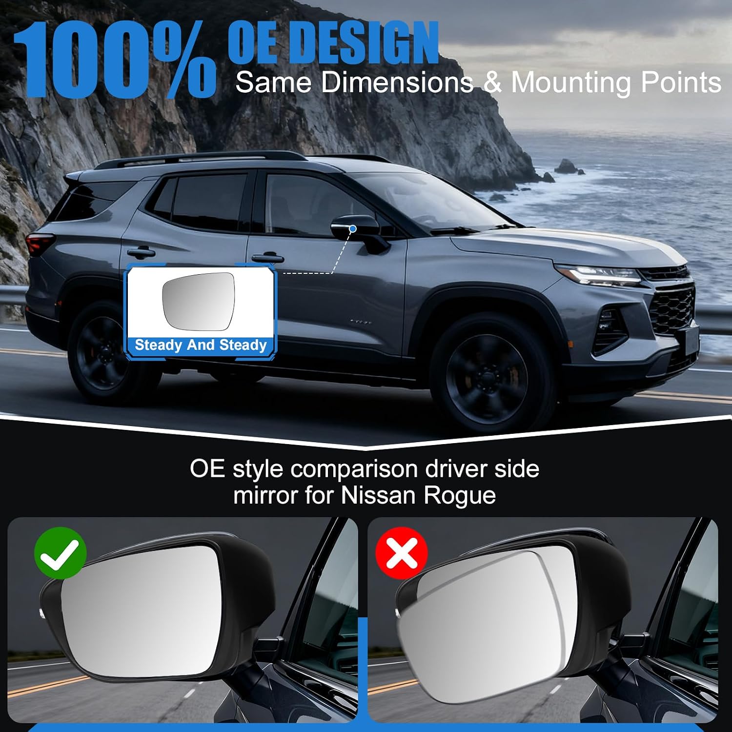 Driver Side Mirror Glass Compatible with 2014-2020 Nissan Rogue, Left Side View Mirror Glass Heated with Backing Plate, Fits Murano 2015-2024 Pathfinder 2017-2020