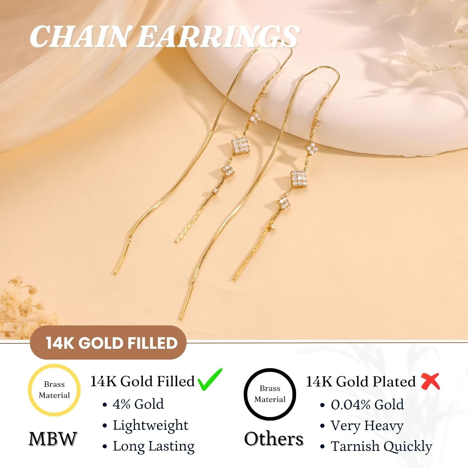 MBW Gold Plated Threader Earrings for Women, 14K Dangle Long Chain Drop Earrings Dangling, Dainty Elegant Dangly Ear Chain with Tassel and Cubic Zirconia for Wedding Hoco Trendy Jewelry Accessories - Image 5