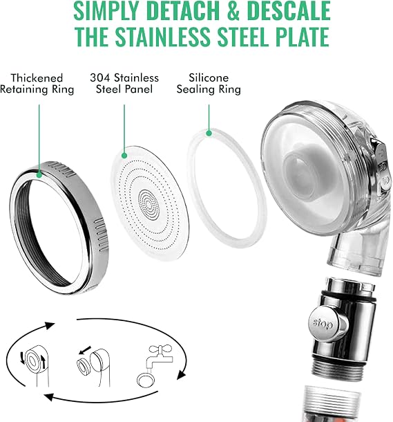 Original StoneStream Filtered Shower Head, Eco Power High Pressure Water Softener Showerhead with ON/OFF switch and Spa like Ionic beads for Dry Skin & Hair 3 Spray Settings