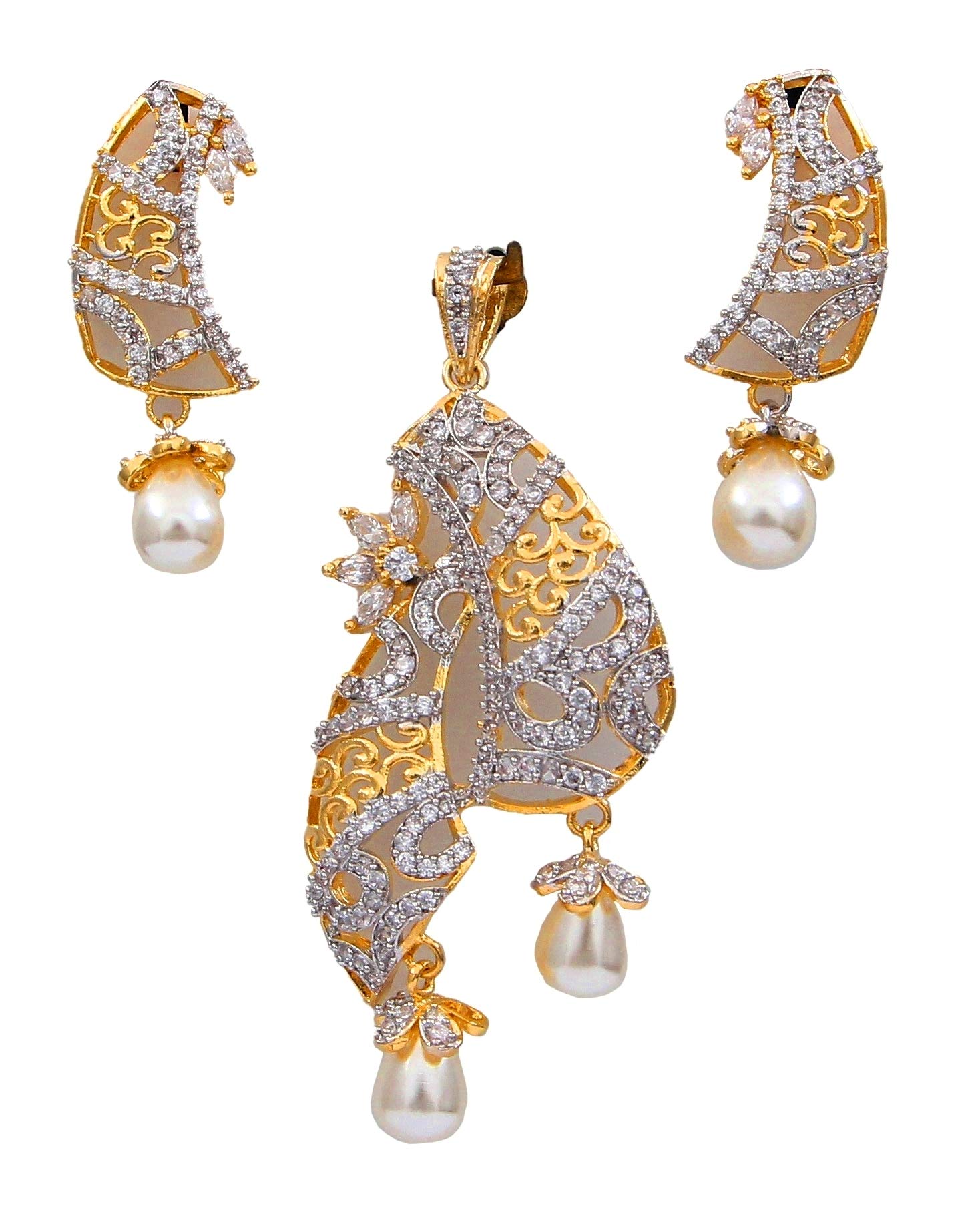 Pendientes de cobre chapado en oro pera con White CZ y perla elegante 3
