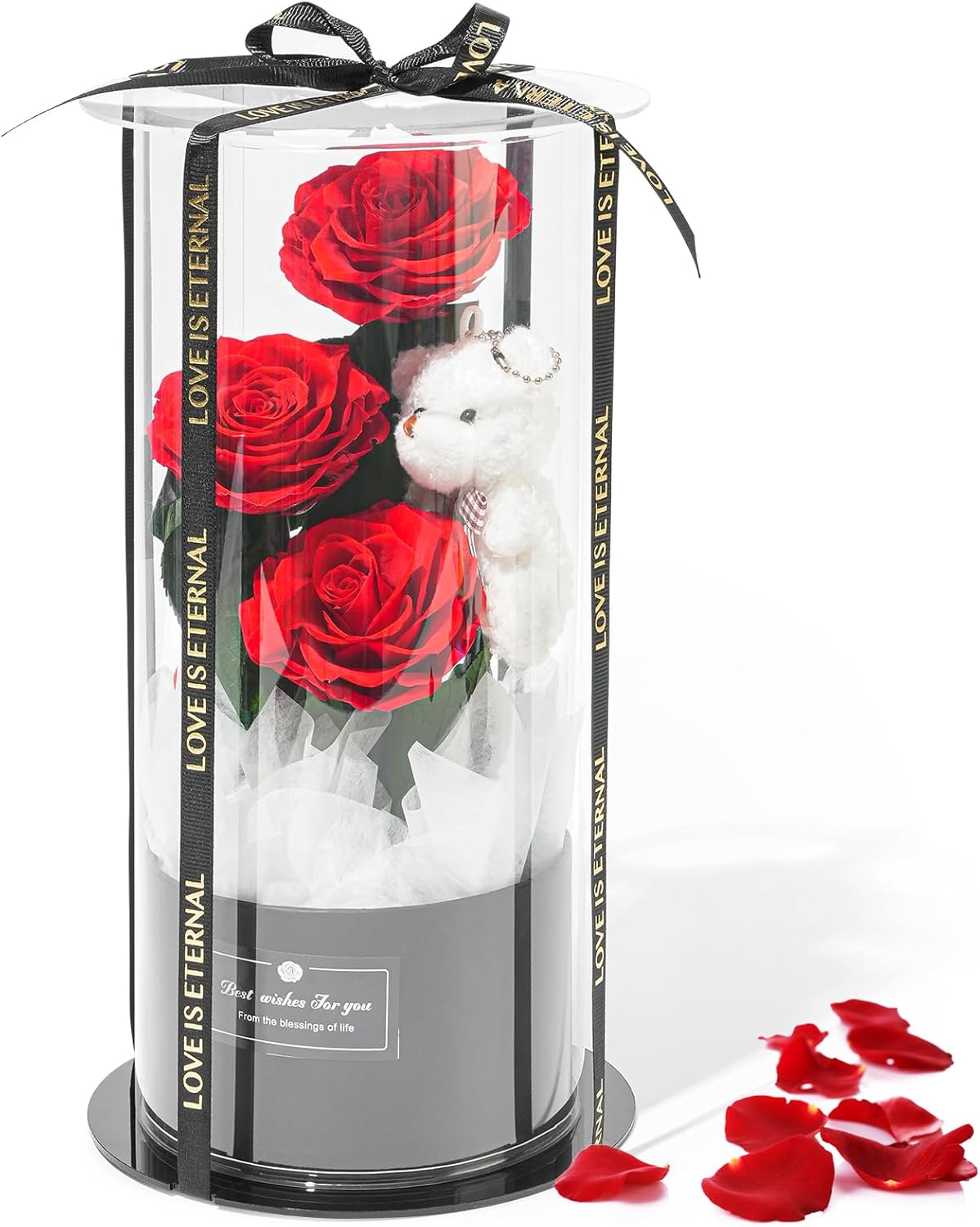 Flowers Forever Roses in A Box, 3 Real Roses with Stems and Bear, Eternal Rose Gifts for Her,Birthday Gifts for Women, Mom,Girlfriend,Grandma,Daughter,Red
