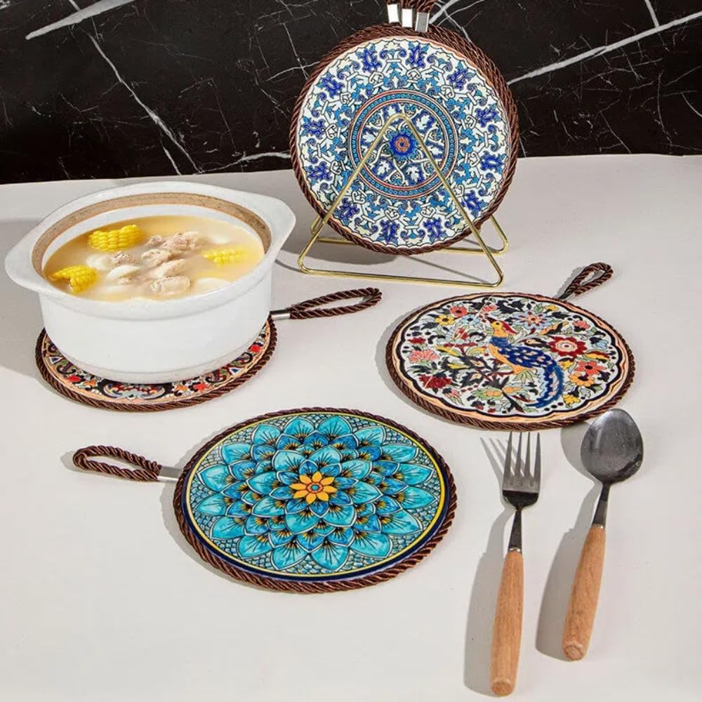 Ścierki do garnków w stylu vintage z płytą ceramiczną (Ø 17 cm, zestaw 4-częściowy) – ochrona przed wysoką temperaturą i antypoślizgowe, wielofunkcyjne podkładki pod garnki, kubki, talerze i