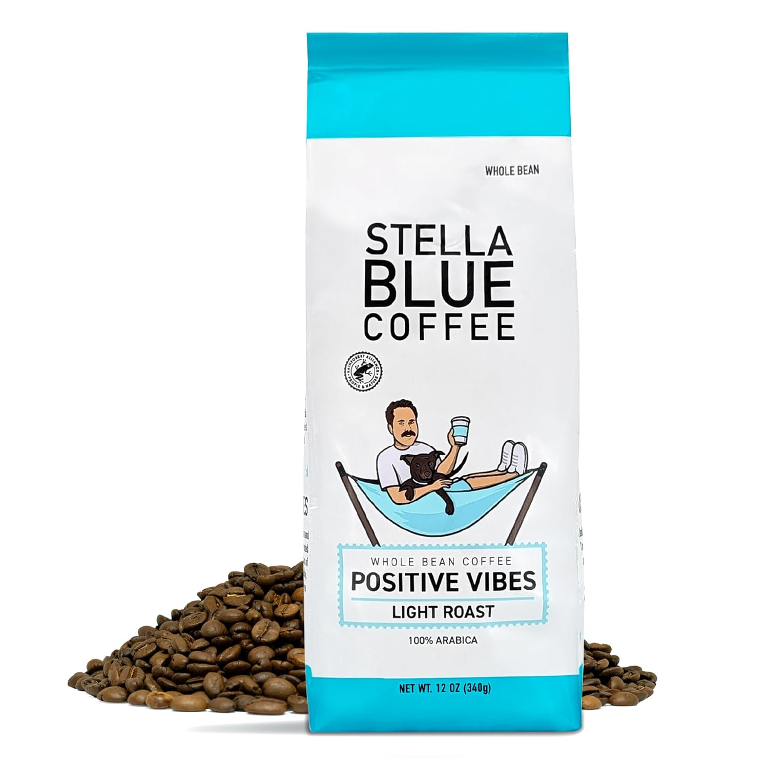 Stella Blue Whole Bean Coffee, Positive Vibes Blend, Light Roast Vanilla, Fruity Notes 100% Arabica Beans, Ethically Sourced from Central and South America, Smooth Balanced, 12oz Bag