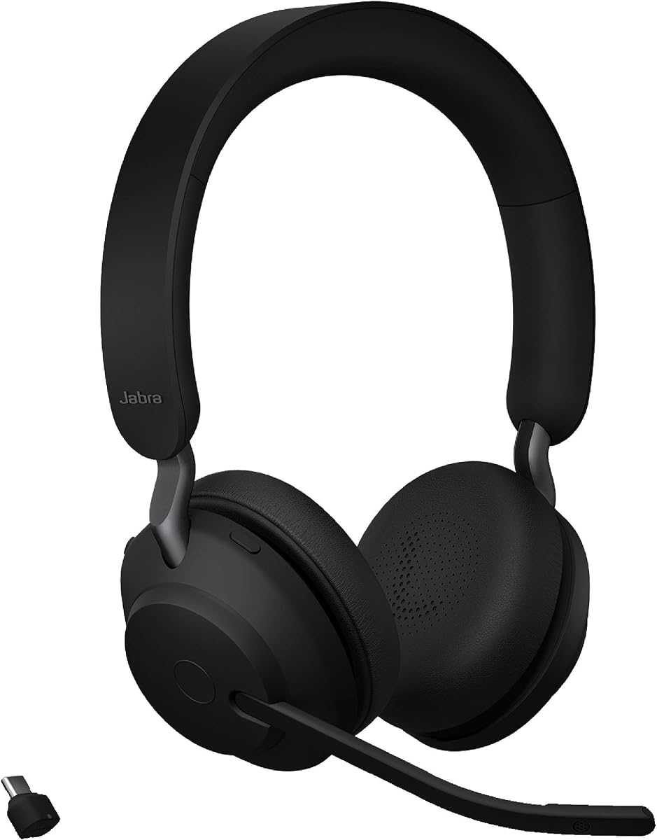 Jabra Evolve2 65 MS Wireless Headphones with Link380c, Stereo, Black – Wireless Bluetooth Headset for Calls and Music, 37 Hours of Battery Life, Passive Noise Cancelling Headphones (Renewed)