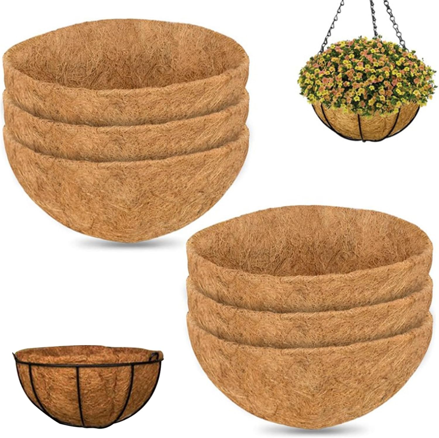 Coconut Coir Liner 6Pcs 8x16in Liners Degradable Coconut Plant Liners Breathable Natural Half-Round Cuttable Hanging Basket