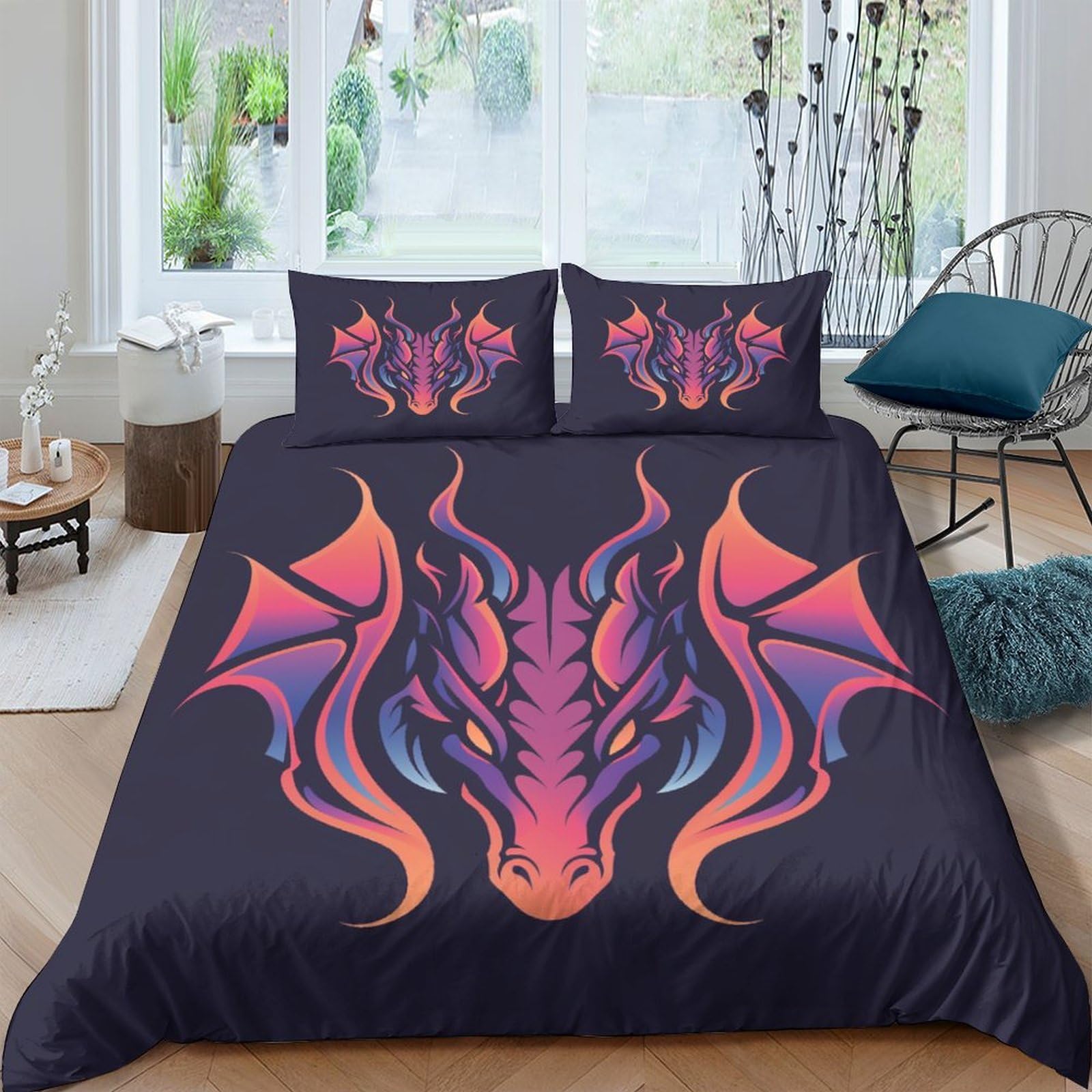 Housse de couette dragon 3D parure de lit 3 pièces king size 220x240