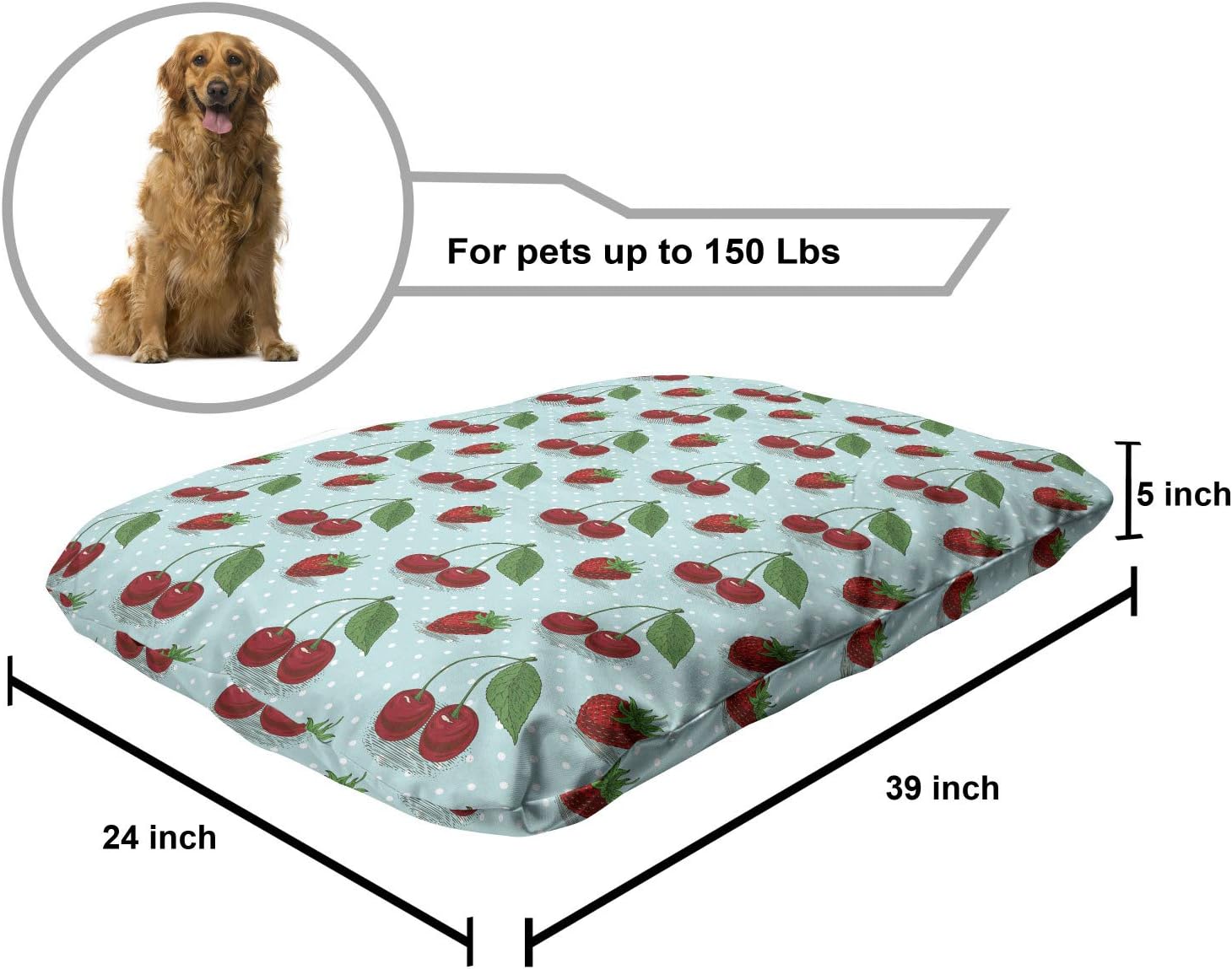 review Lunarable Fruits Pet Bed, Strawberries and Cherries on Polka Dots Backdrop Summer Cartoon, Chew Resistant Pad for Dogs and Cats Cushion with Removable Cover, 24
